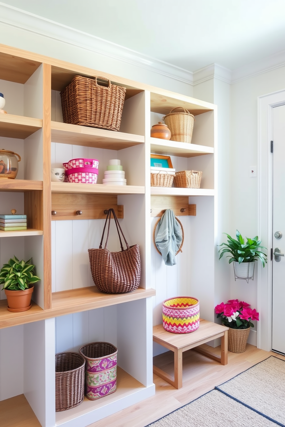 A bright and airy mudroom features open shelving made of reclaimed wood, providing ample space for storage and display. The walls are painted in a soft white, while vibrant summer-themed decor items, such as colorful baskets and potted plants, add a cheerful touch.