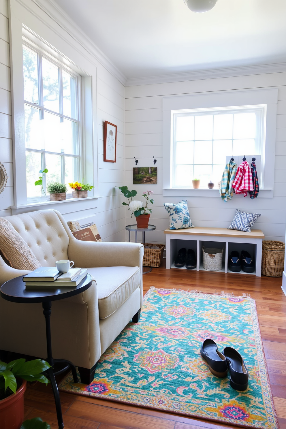 Create a cozy reading nook with a plush armchair upholstered in soft fabric positioned near a large window that lets in ample natural light. A small side table holds a stack of books and a steaming cup of tea, while a vibrant area rug adds warmth to the hardwood floor. For summer mudroom decorating ideas, envision a bright and airy space with white shiplap walls and a light wood bench for seating. Colorful storage baskets and hooks line the walls, providing a cheerful and organized area for shoes and outdoor gear.