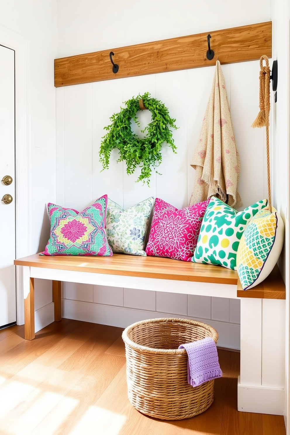 Create a vibrant summer mudroom that features a long wooden bench adorned with colorful throw pillows in various patterns and textures. The walls are painted in a light, airy color, and a woven basket sits on the floor, adding a touch of warmth and organization.