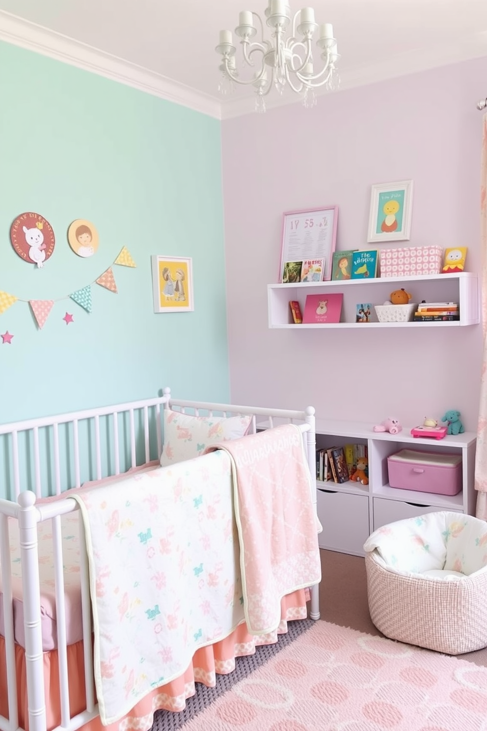 Bright pastel colors adorn the walls, creating a cheerful and inviting atmosphere. The nursery features whimsical patterns and playful accents, with soft furnishings in shades of mint, peach, and lavender. A cozy crib is positioned against one wall, draped with a lightweight, patterned quilt. Shelves filled with colorful books and toys add a touch of fun and functionality to the space.