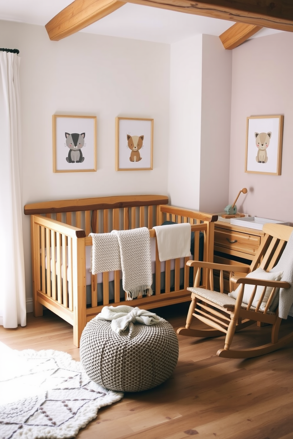 Natural wood furniture creates a warm and inviting atmosphere in a rustic nursery. The room features a wooden crib, a changing table, and a rocking chair, all crafted from reclaimed wood, enhancing the organic aesthetic. Soft pastel colors adorn the walls, complemented by whimsical animal-themed artwork. Cozy textiles like a knitted blanket and plush rugs add comfort and charm to the space.