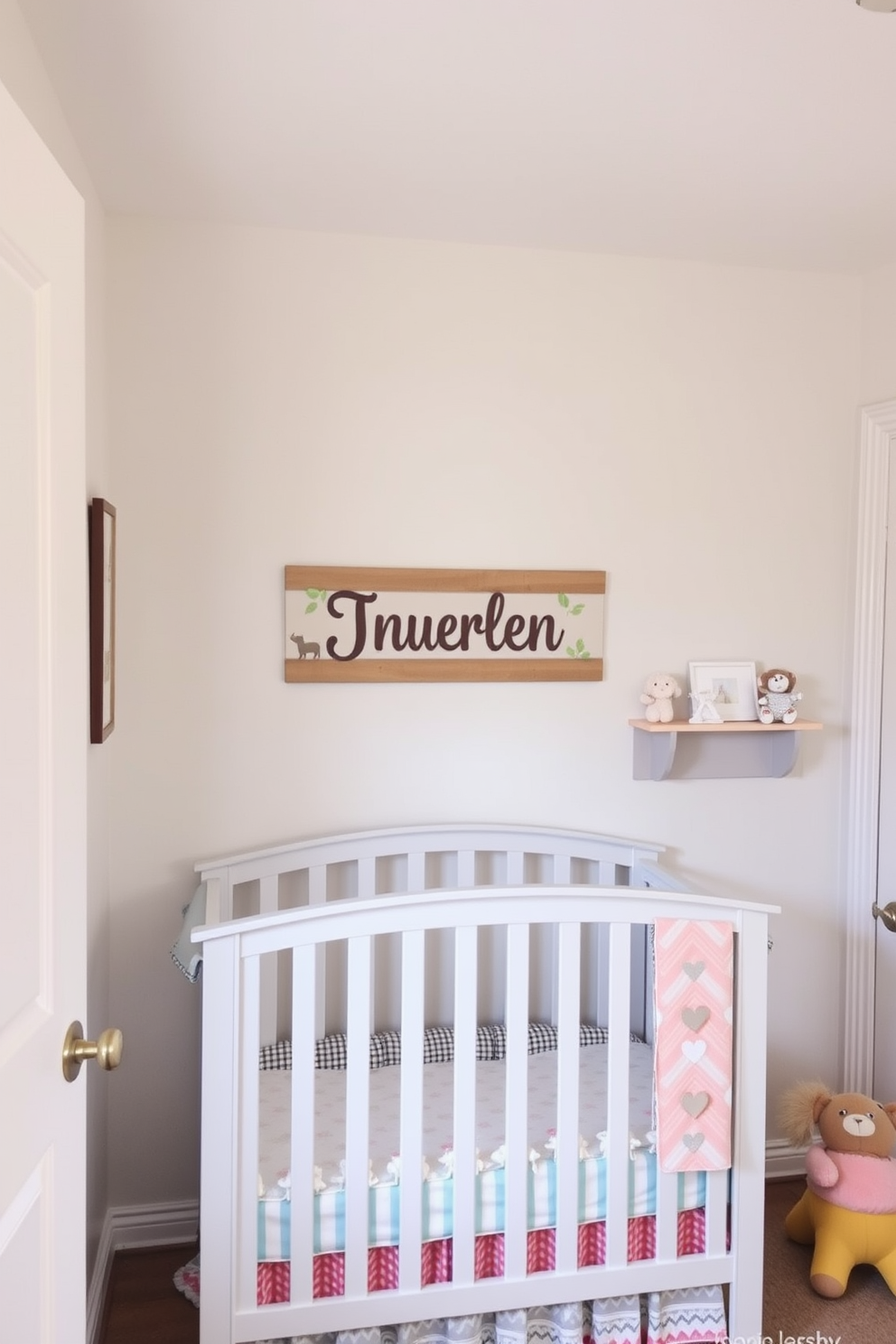 A charming nursery featuring a personalized name sign above the crib. The walls are painted in soft pastel colors, and whimsical animal-themed decor adorns the space.