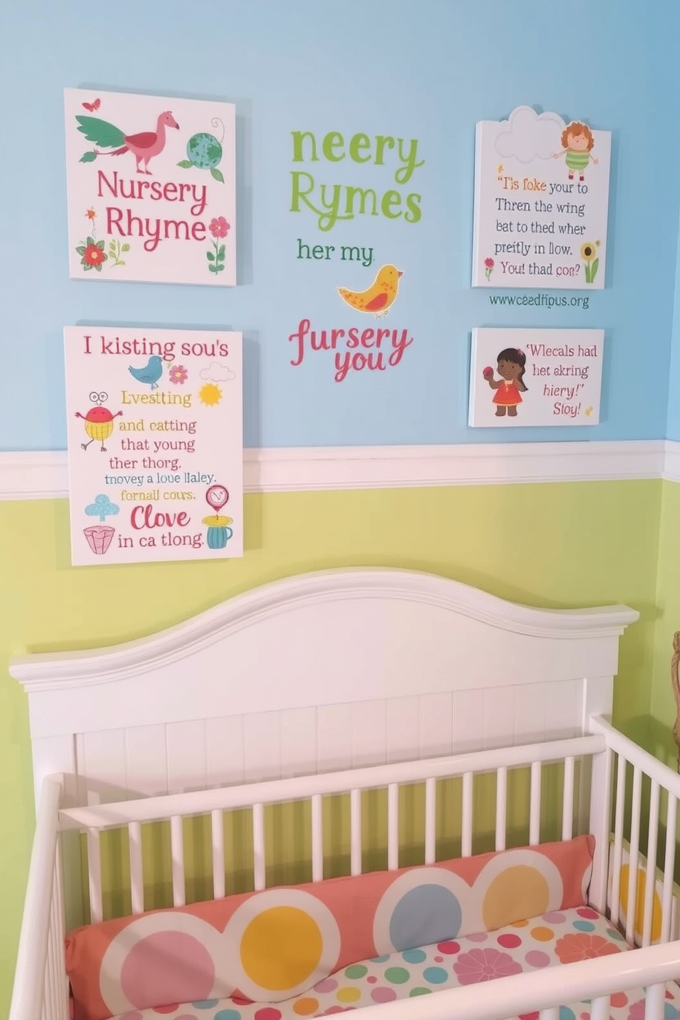 Playful wall art featuring nursery rhymes adorns the walls of a bright and cheerful nursery. The artwork includes colorful illustrations and whimsical lettering that invites imagination and joy. Summer nursery decorating ideas bring a fresh and vibrant atmosphere to the space. Soft pastel colors and playful patterns create a welcoming environment perfect for little ones.