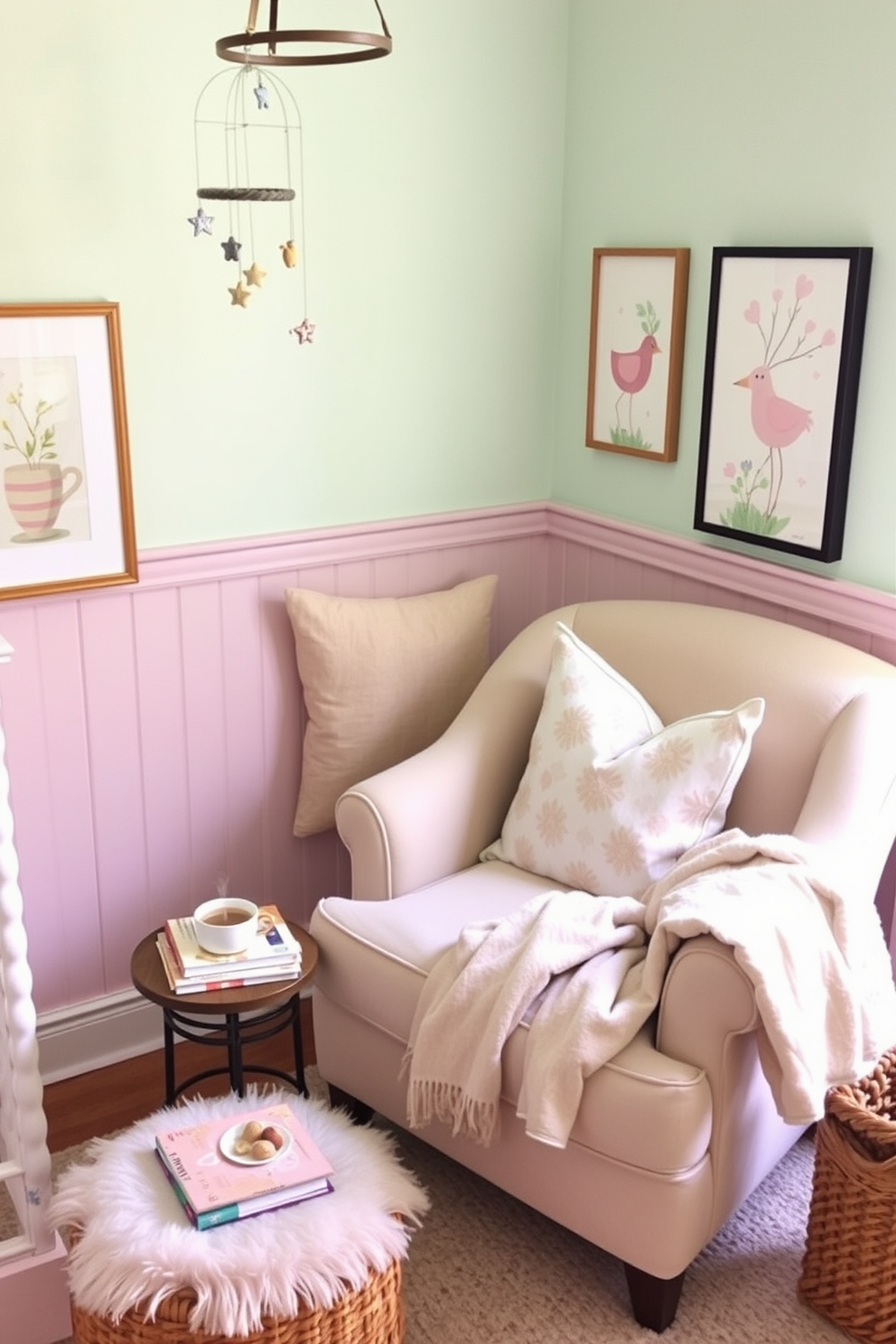 A cozy reading nook featuring a plush armchair surrounded by soft cushions in various textures and colors. A small side table holds a stack of books and a steaming cup of tea, with a warm throw draped over the armrest. Summer nursery decorating ideas include a light and airy color palette with pastel shades and playful patterns. A whimsical mobile hangs above the crib, while cheerful artwork adorns the walls, creating a joyful atmosphere for the little one.