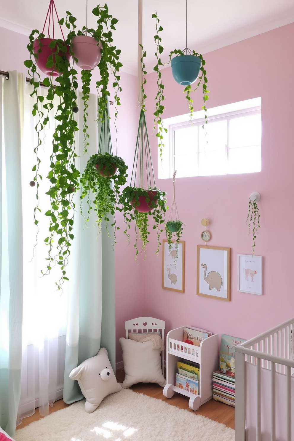 Hanging plants cascade from the ceiling, creating a vibrant and fresh atmosphere in the nursery. Soft pastel colors adorn the walls, while natural light filters through sheer curtains, illuminating the playful decor. Cozy seating is arranged in a corner, surrounded by whimsical artwork and plush cushions. A small bookshelf filled with children's books adds a charming touch to the overall design.