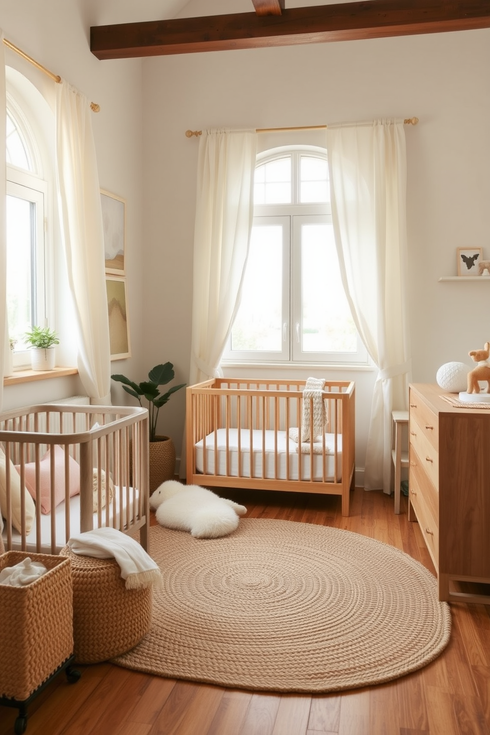 A serene nursery space designed with sustainable materials. The walls are painted in soft pastel colors, and natural wood furniture is used throughout the room. Organic cotton curtains frame the windows, allowing gentle sunlight to filter in. A cozy area rug made from recycled fibers adds warmth and comfort to the floor.