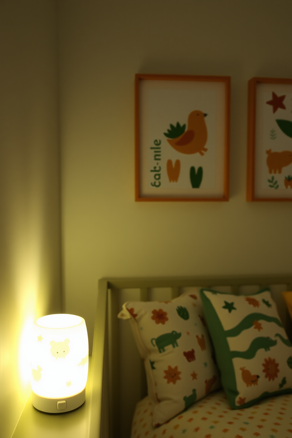 A charming nightlight emits a soothing glow in a cozy nursery. It features soft pastel colors and whimsical animal designs, creating a serene atmosphere for bedtime. Summer nursery decorating ideas include light and airy fabrics that enhance the cheerful vibe. Incorporate playful elements like bright cushions and nature-inspired wall art to bring the outdoors inside.