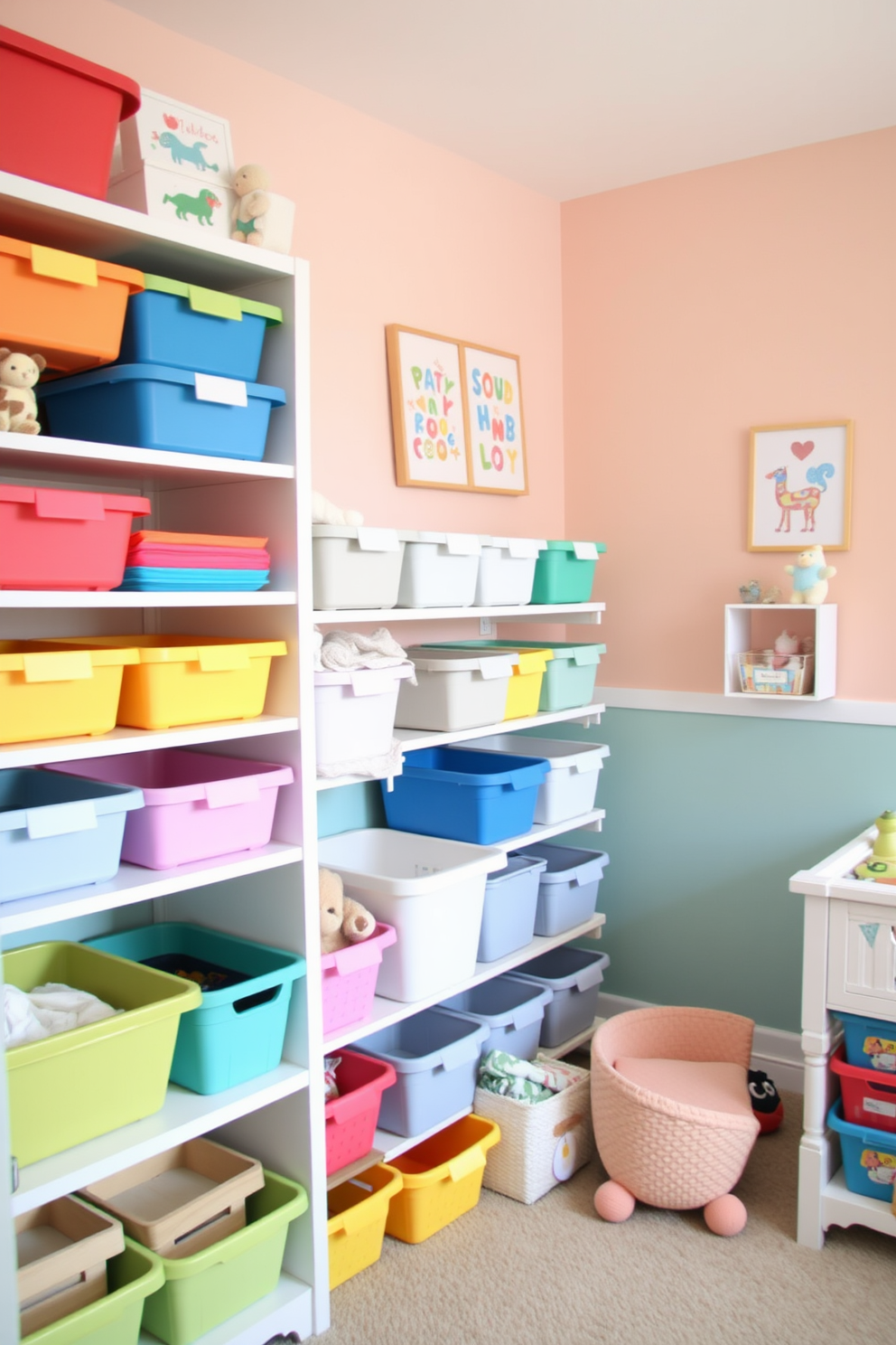 A bright and cheerful nursery filled with colorful storage bins neatly arranged on shelves. The walls are painted in soft pastel colors, and playful artwork adorns the space, creating a warm and inviting atmosphere.