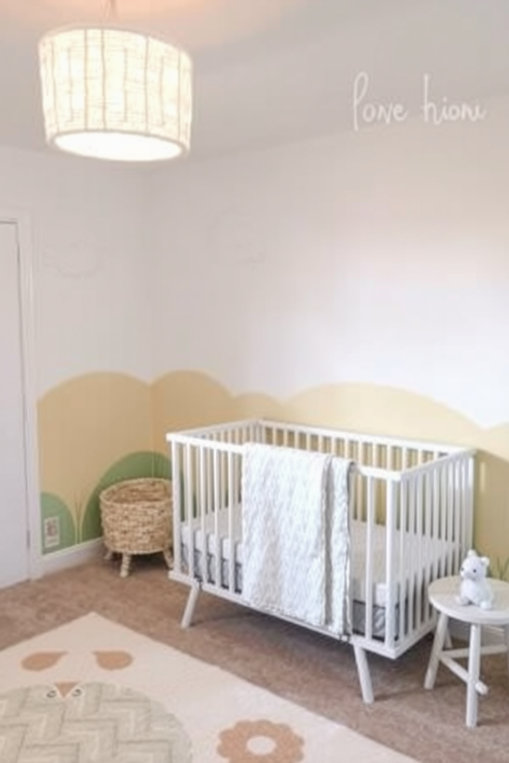 Soft pastel murals create a serene and dreamy atmosphere in a summer nursery. The walls are adorned with whimsical designs featuring clouds and gentle animals, enhancing the playful vibe of the space.