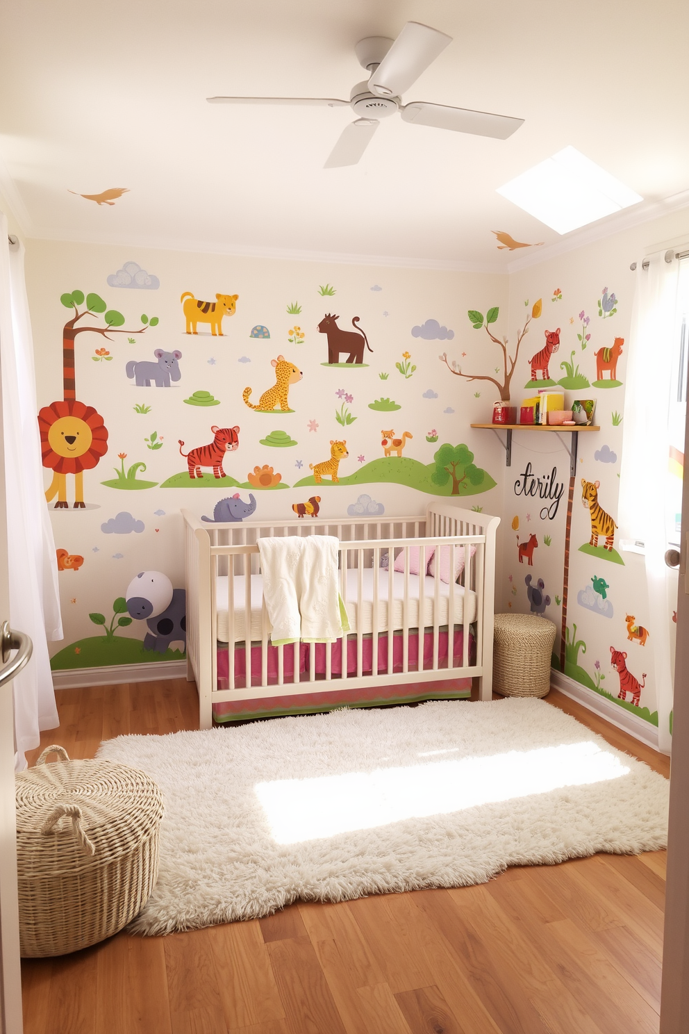 A cheerful nursery filled with whimsical animal-themed wall decals. Colorful illustrations of playful animals adorn the walls, creating a fun and inviting atmosphere for infants and toddlers. The room features a cozy crib with soft pastel bedding and a plush rug on the floor. Natural light streams in through sheer curtains, enhancing the playful vibe of the space.