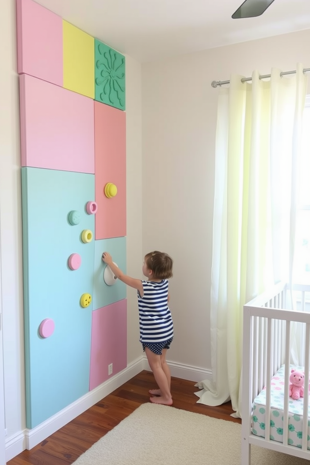 Interactive wall panels for sensory play. The panels feature vibrant colors and various textures, encouraging tactile exploration and engagement. Summer nursery decorating ideas. Soft pastel shades and playful patterns create a cheerful atmosphere, complemented by lightweight curtains that flutter in the breeze.