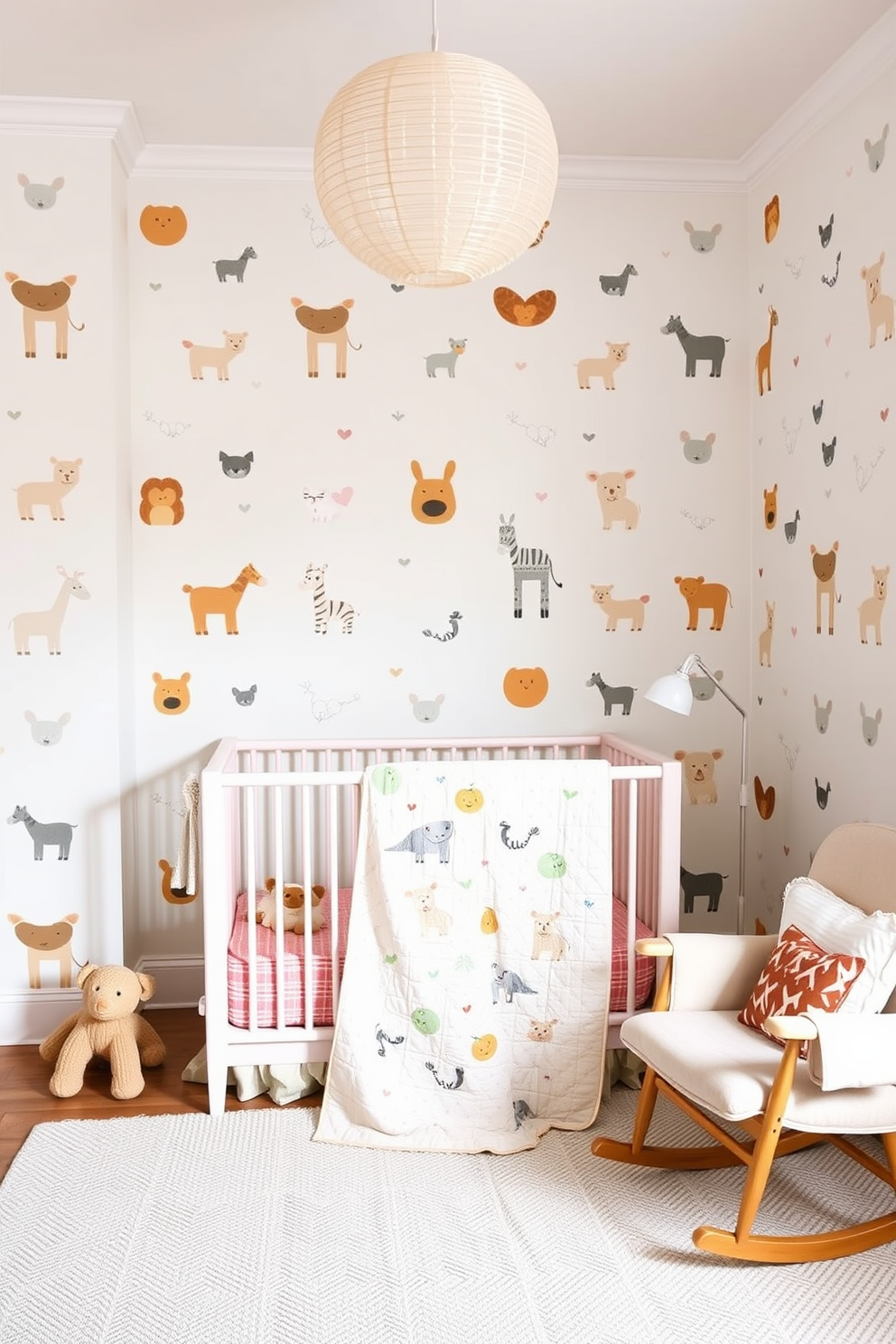 Cute animal prints on the walls create a playful and inviting atmosphere in the summer nursery. Soft pastel colors complement the prints, enhancing the cheerful vibe of the space. A cozy crib is positioned in the center, adorned with a lightweight quilt featuring whimsical patterns. Plush toys and a comfortable rocking chair complete the warm and nurturing environment.