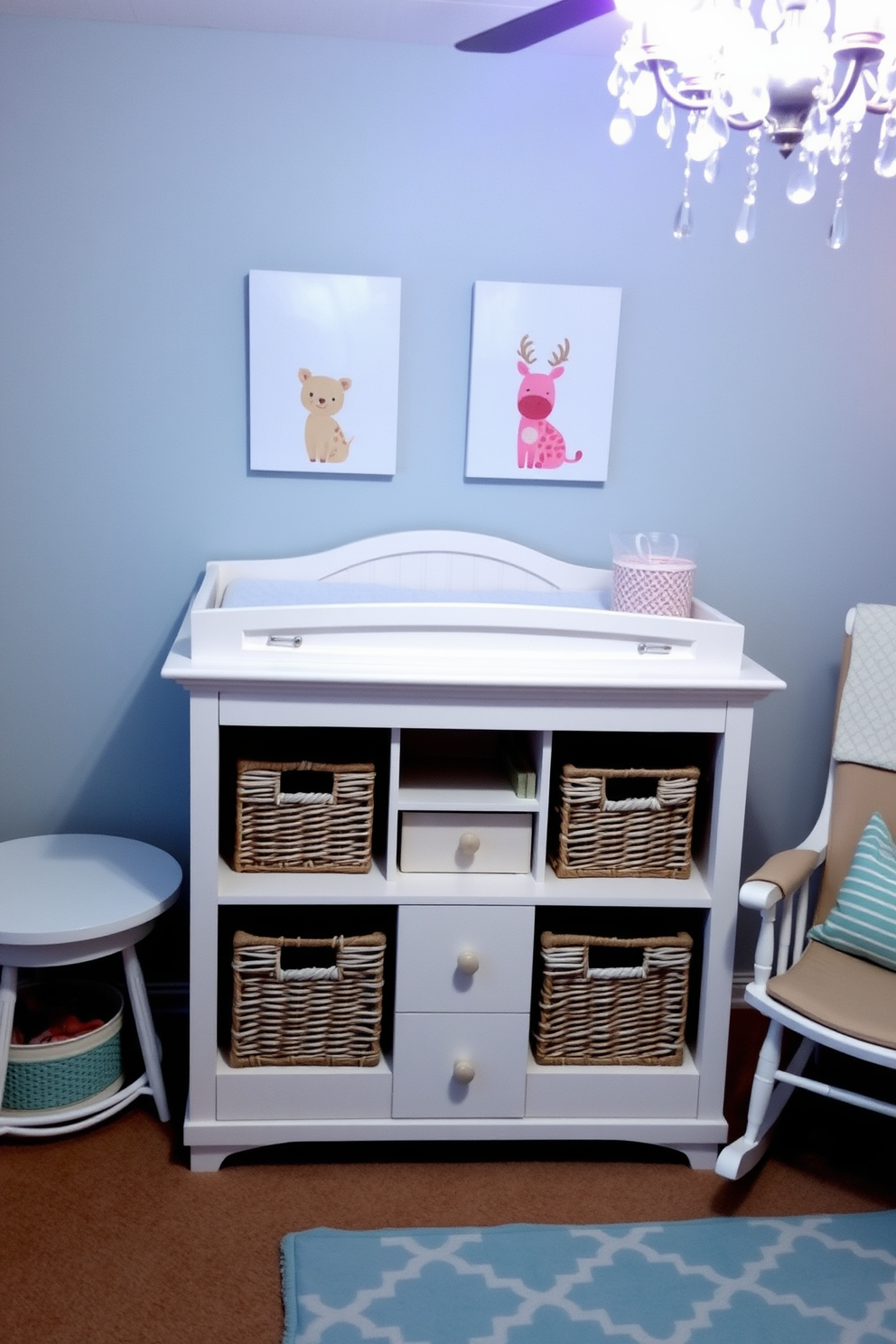 A stylish changing table with ample storage is the centerpiece of the nursery. It features a soft color palette with pastel accents, complemented by decorative baskets for organization. The wall behind the changing table is adorned with whimsical animal-themed artwork. A cozy rocking chair sits nearby, creating a warm and inviting atmosphere for parents and their little ones.