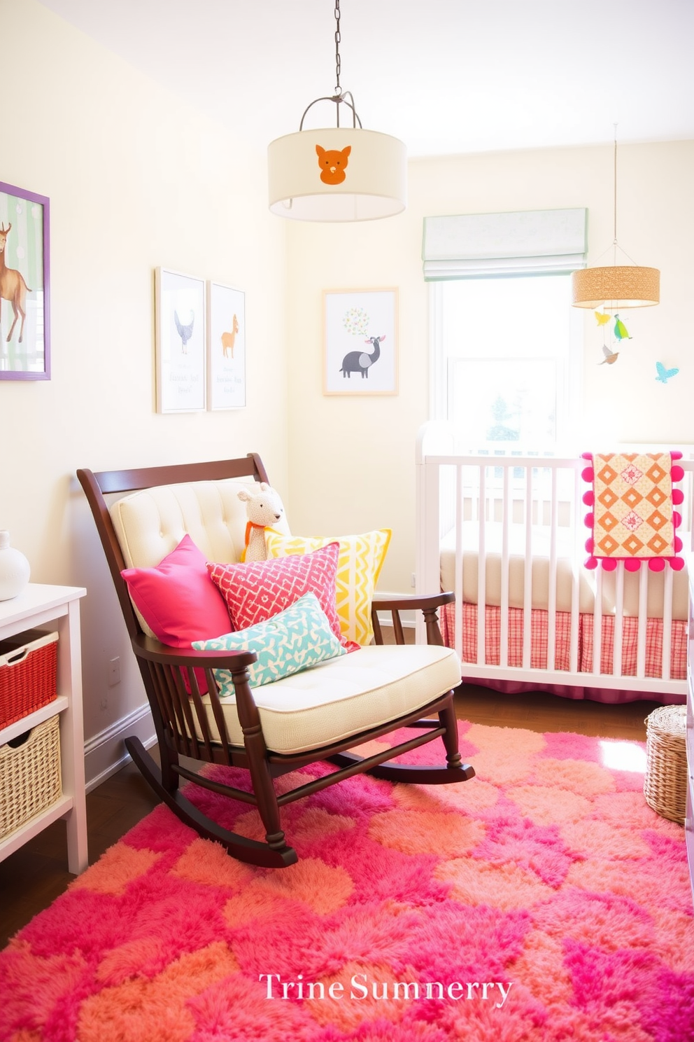 Brightly colored accent pillows are scattered across a cozy rocking chair in a sunny corner of the nursery. The pillows feature playful patterns and textures, adding a pop of color to the soft pastel walls. Incorporate whimsical elements like animal-themed artwork and a cheerful mobile hanging above the crib. A plush area rug in vibrant hues ties the room together, creating a warm and inviting space for summer.