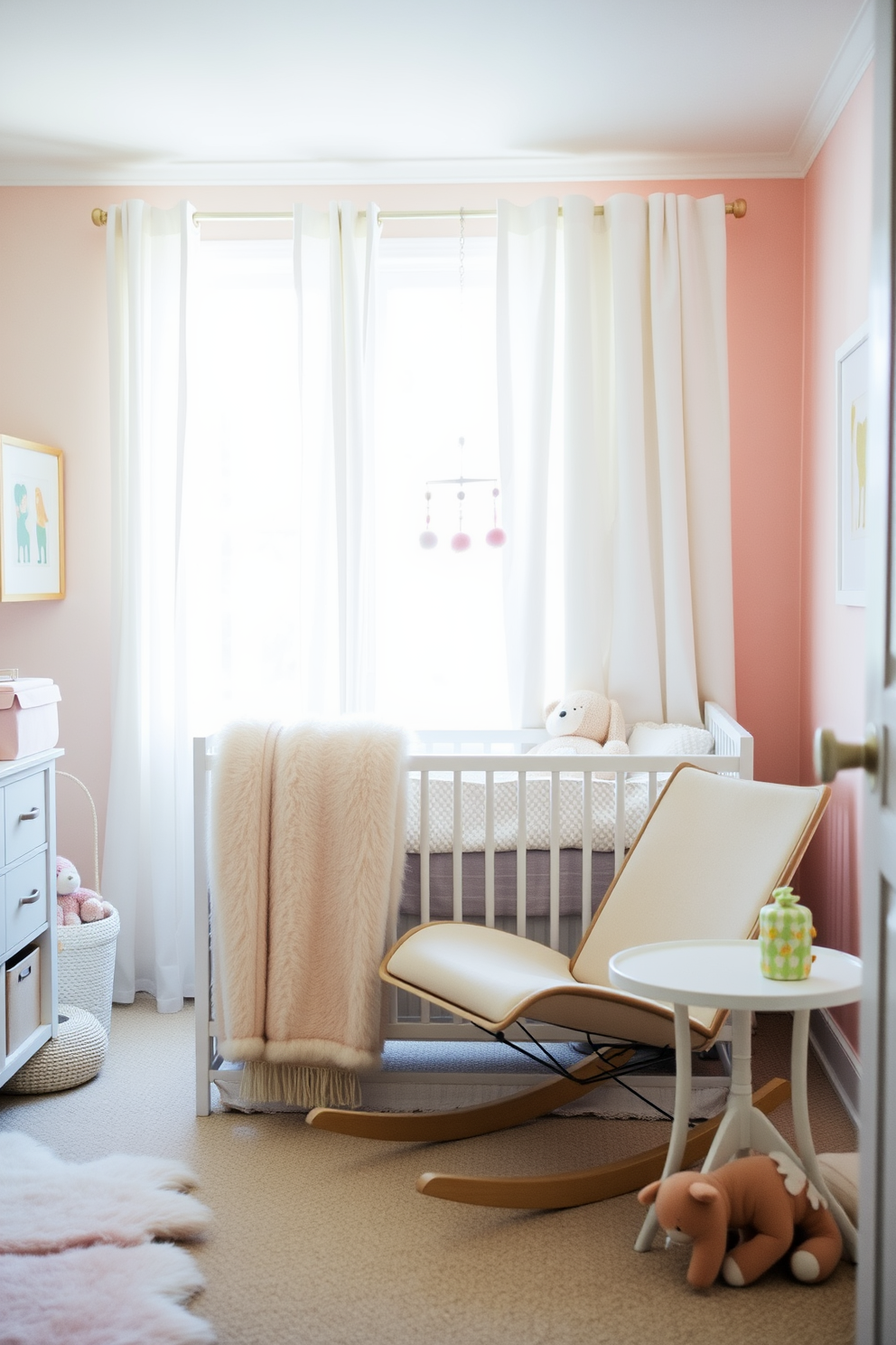 A cozy nursery setting featuring a soft faux fur throw draped over a stylish rocking chair. The room is adorned with pastel-colored walls and cheerful wall art, creating a warm and inviting atmosphere. A comfortable crib is placed in the center, surrounded by plush toys and a whimsical mobile hanging above. Natural light streams in through sheer curtains, enhancing the serene ambiance of the summer nursery.