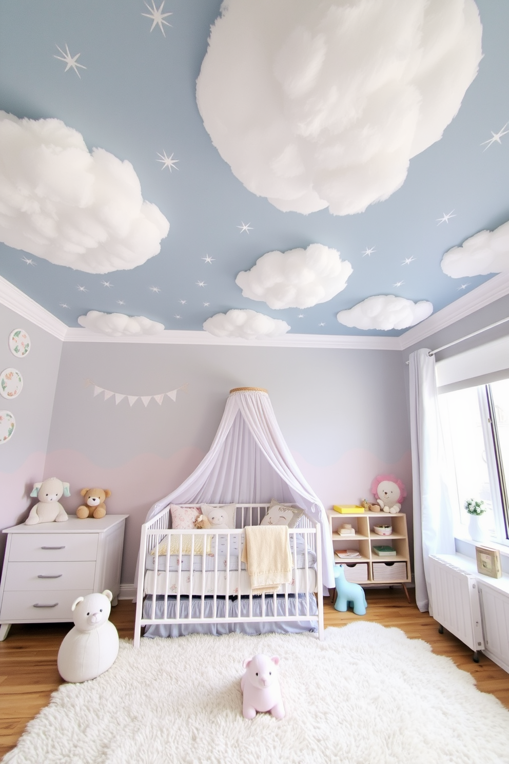 A whimsical nursery with a creative ceiling design featuring soft, fluffy clouds painted in pastel colors. Twinkling stars are scattered across the ceiling, creating a serene nighttime atmosphere for a cozy and playful space. The room is adorned with cheerful decor, including a crib with a light, airy canopy and playful animal-themed bedding. A plush rug in soft hues covers the floor, providing a comfortable play area for little ones.