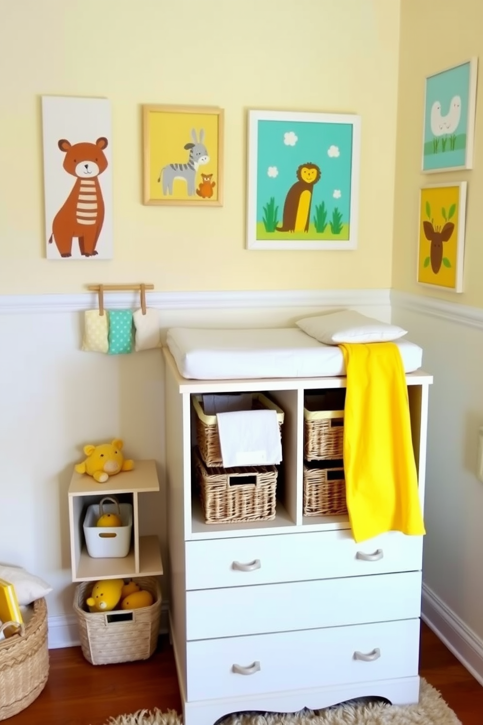 A functional dresser with a soft changing pad on top is positioned against a light pastel wall. The dresser features ample storage with a mix of open shelves and closed drawers, complemented by decorative baskets for organization. Bright and cheerful summer nursery decorating ideas include playful wall art featuring animals and nature themes. Soft, breathable fabrics in shades of yellow and mint create a cozy atmosphere, while a plush area rug adds comfort underfoot.