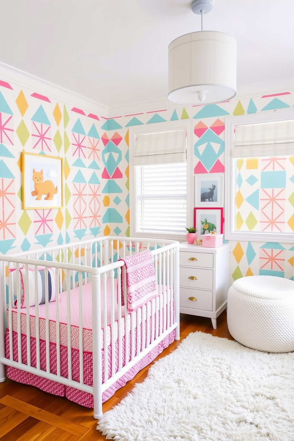 A bright and cheerful nursery adorned with unique wallpaper featuring vibrant geometric patterns. The room is filled with soft pastel furnishings, including a cozy crib and a plush area rug, creating a playful yet soothing atmosphere.