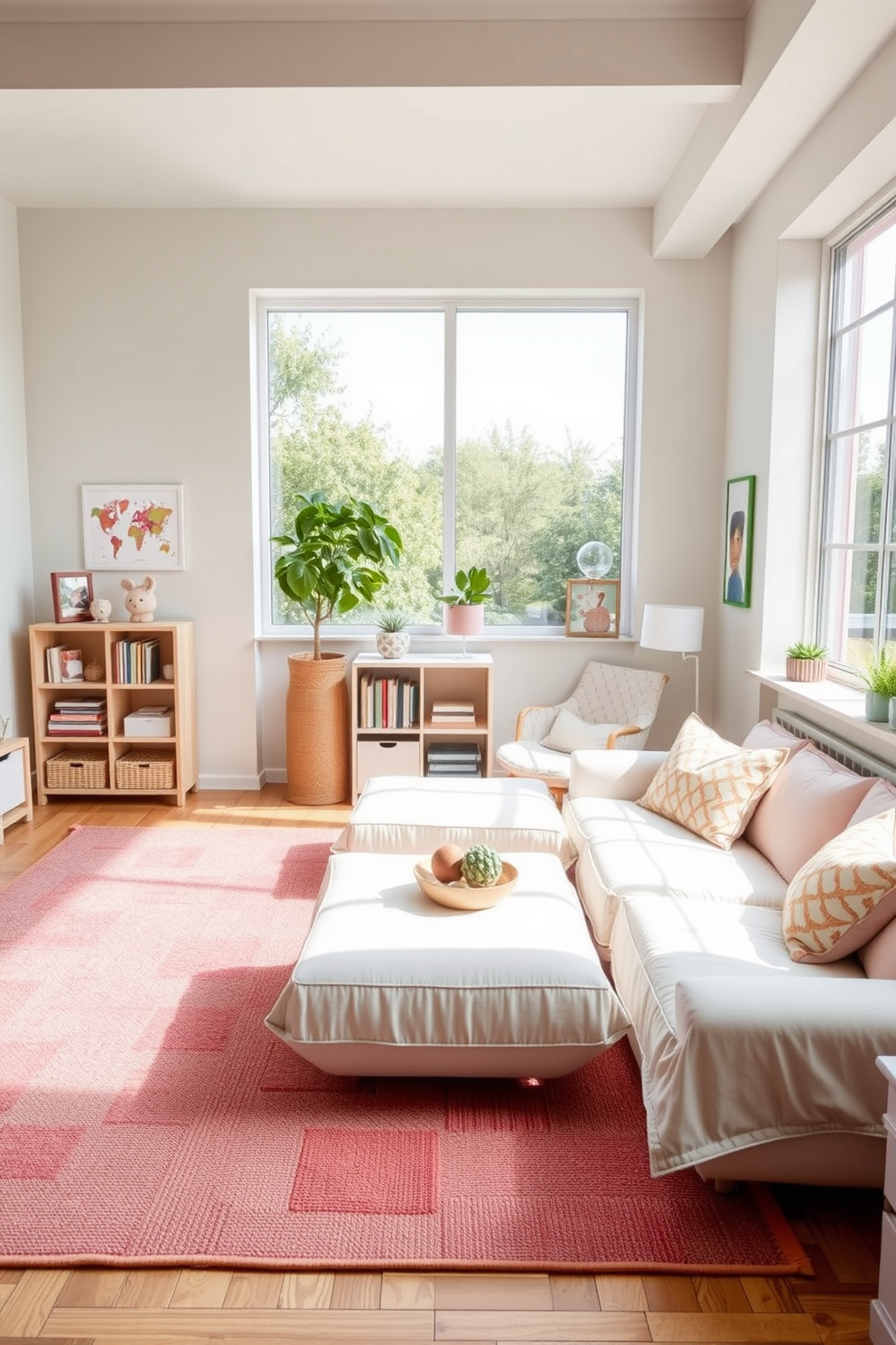 Lightweight furniture designed for easy rearranging fills the space, creating a playful and adaptable environment. The color palette features soft pastels, and playful patterns are incorporated through cushions and rugs. Natural light floods the room through large windows, illuminating the cheerful decor. A cozy reading nook with a small bookshelf and a comfortable chair invites relaxation and creativity.