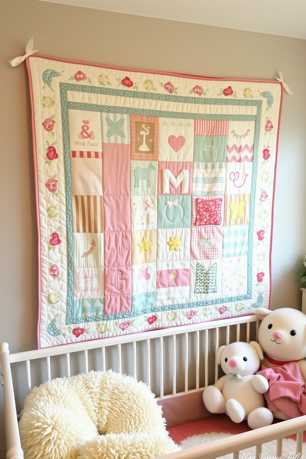 A charming quilt is beautifully displayed on the wall, featuring a mix of pastel colors and whimsical patterns that evoke a sense of warmth and joy. The nursery is adorned with soft, plush furnishings and playful decor, creating a cozy and inviting atmosphere for both baby and parents.