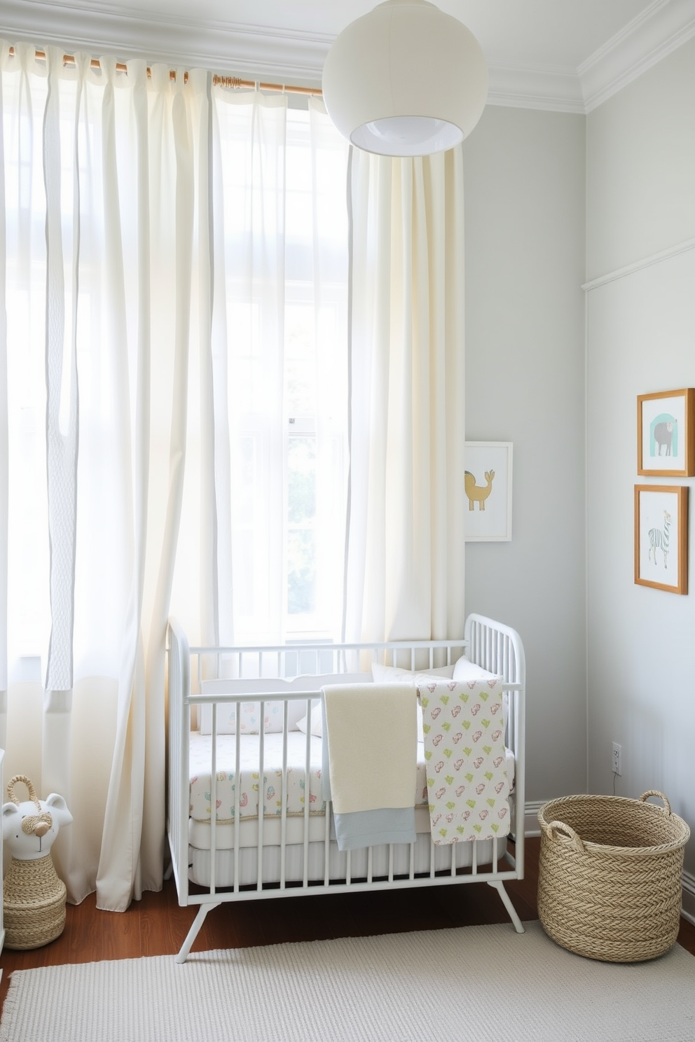 A bright and airy nursery filled with soft cotton curtains that gently filter natural light. The room features a cozy crib adorned with pastel bedding and playful wall art, creating a serene atmosphere for a summer retreat.