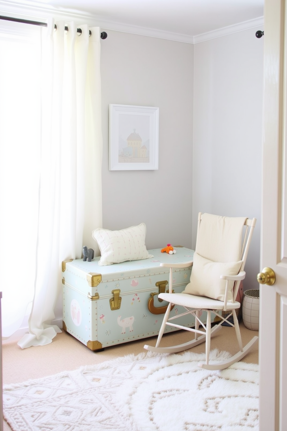 A charming summer nursery featuring a vintage suitcase repurposed as a toy chest. The suitcase is adorned with pastel colors and whimsical patterns, inviting a playful atmosphere. Soft, airy curtains in light fabric frame the window, allowing natural light to fill the room. A cozy rocking chair sits in the corner, complemented by a plush area rug in soothing tones.