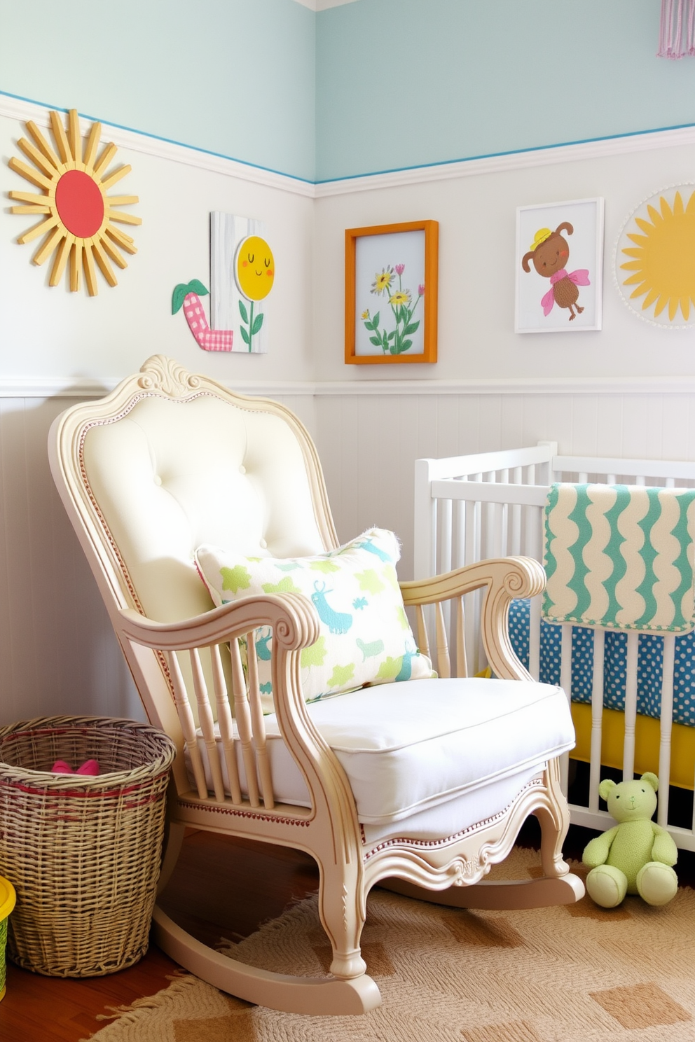 A vintage-inspired rocking chair is placed in a cozy corner of the nursery. It features soft pastel upholstery and intricate woodwork, creating an inviting atmosphere for relaxation. The nursery is decorated with cheerful summer themes, incorporating bright colors and playful patterns. Whimsical wall art and plush toys enhance the cheerful vibe, making it a perfect retreat for both baby and caregiver.