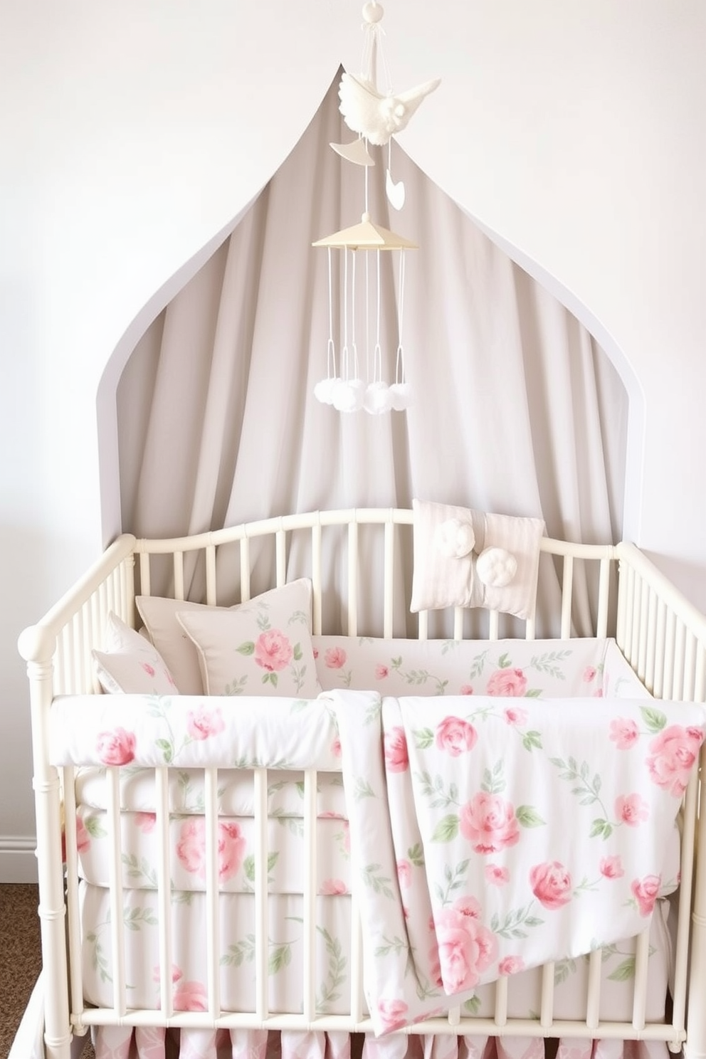 Floral crib bedding in soft pastel colors creates a cheerful and inviting atmosphere for a summer nursery. The bedding features delicate blooms and leafy patterns, complemented by plush pillows and a cozy blanket. The nursery walls are painted in a light, airy hue that enhances the overall brightness of the space. A whimsical mobile hangs above the crib, adding a playful touch to the cheerful decor.