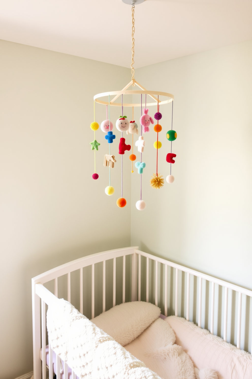 A whimsical summer nursery adorned with a handmade mobile featuring colorful elements hanging from the ceiling. Soft pastel walls create a serene backdrop, while a cozy crib with plush bedding sits beneath the mobile, inviting playful dreams.