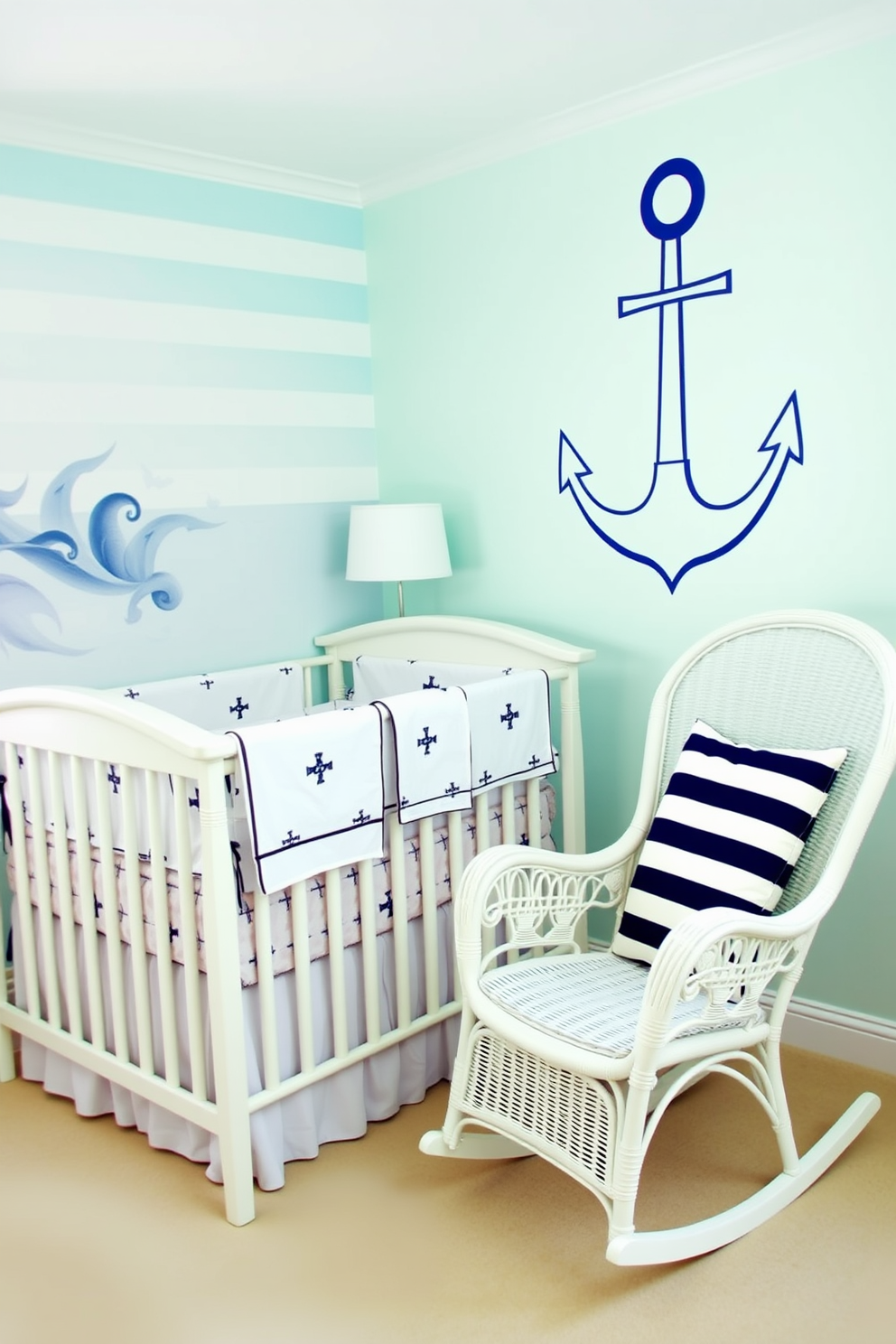 A bright and airy nursery featuring a nautical theme with blue and white accents. The walls are painted in a soft seafoam color, and a large anchor-themed mural adorns one wall. The crib is dressed in crisp white linens with navy blue nautical patterns. A cozy rocking chair in white wicker sits in the corner, complemented by a blue and white striped throw pillow.