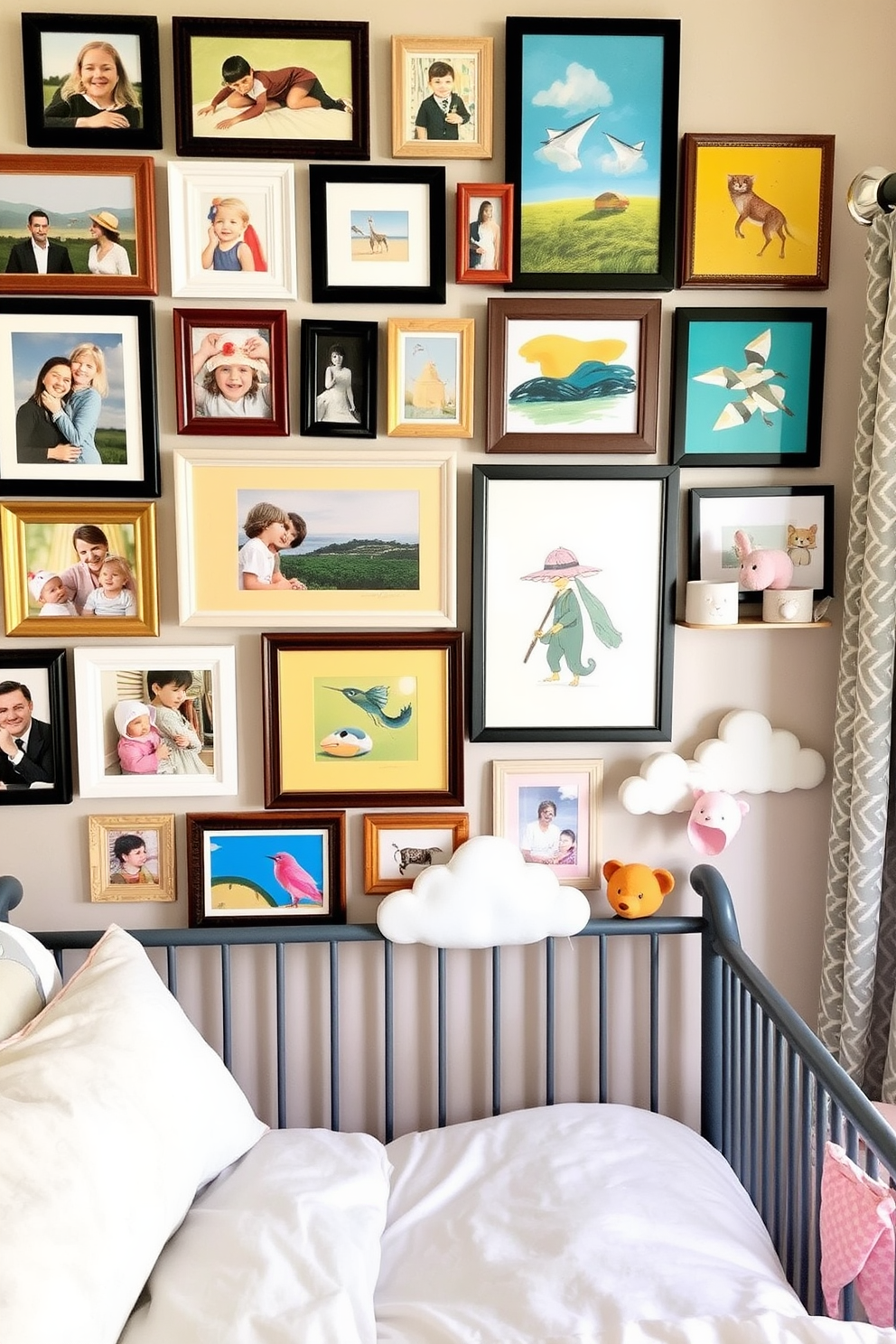 A gallery wall filled with an eclectic mix of family photos and vibrant artwork creates a warm and inviting atmosphere. The frames vary in size and style, showcasing cherished memories and artistic expressions that reflect personal taste. For a summer nursery, soft pastel colors are used to create a serene environment. Light fabrics and playful patterns adorn the bedding and curtains, while whimsical decor elements like cloud-shaped shelves and animal-themed accents add a touch of fun.