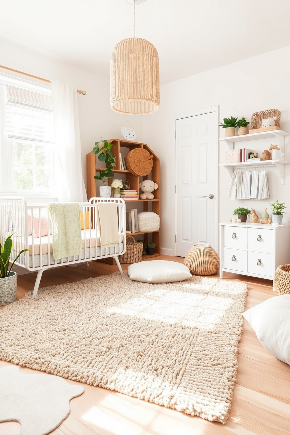 Textured area rug for softness and warmth. The rug features a plush, neutral tone that complements the light-colored wooden flooring, adding a cozy touch to the space. Summer nursery decorating ideas. The room is filled with pastel colors, light fabrics, and playful accents, creating a bright and cheerful environment for a child.