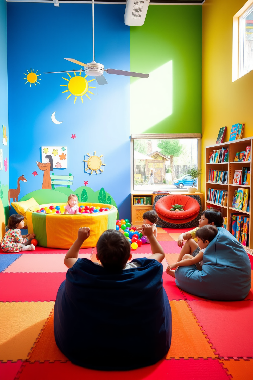 A vibrant summer playroom filled with joy and energy. The space features a colorful ball pit in one corner, surrounded by soft mats for safety and comfort. Brightly colored walls adorned with playful artwork create an inviting atmosphere. A cozy reading nook with bean bags and shelves filled with books enhances the playful environment.