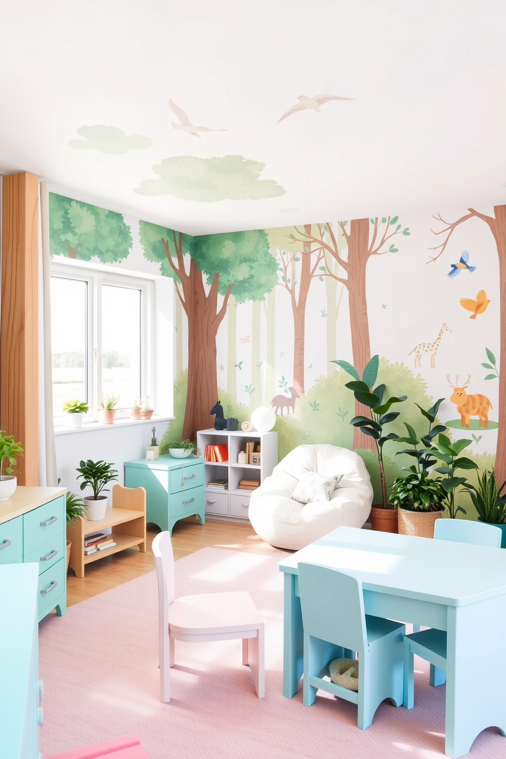 A vibrant playroom filled with natural light features playful furniture in soft pastel colors. The walls are adorned with nature-themed murals depicting lush forests and friendly animals, creating an inviting atmosphere for children. In one corner, a cozy reading nook with a bean bag chair and a small bookshelf encourages imaginative exploration. Potted plants and natural wood accents enhance the space, bringing the beauty of the outdoors inside.