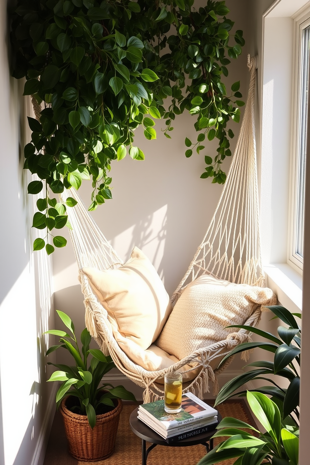 A cozy hammock is suspended in a sunlit corner, surrounded by lush green plants and soft throw pillows. The nook features a small side table with a stack of books and a refreshing drink, inviting relaxation and leisurely reading.