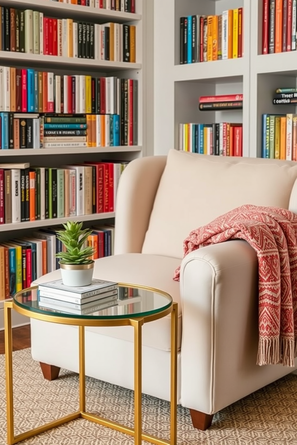 Chic side table for drinks and snacks. The table features a sleek design with a glass top and gold metal legs, elegantly holding a small potted plant and a stack of stylish coasters. Summer Reading Nook Decorating Ideas. The nook is adorned with a plush oversized armchair, surrounded by built-in bookshelves filled with colorful novels, and a cozy throw blanket draped over the armrest.