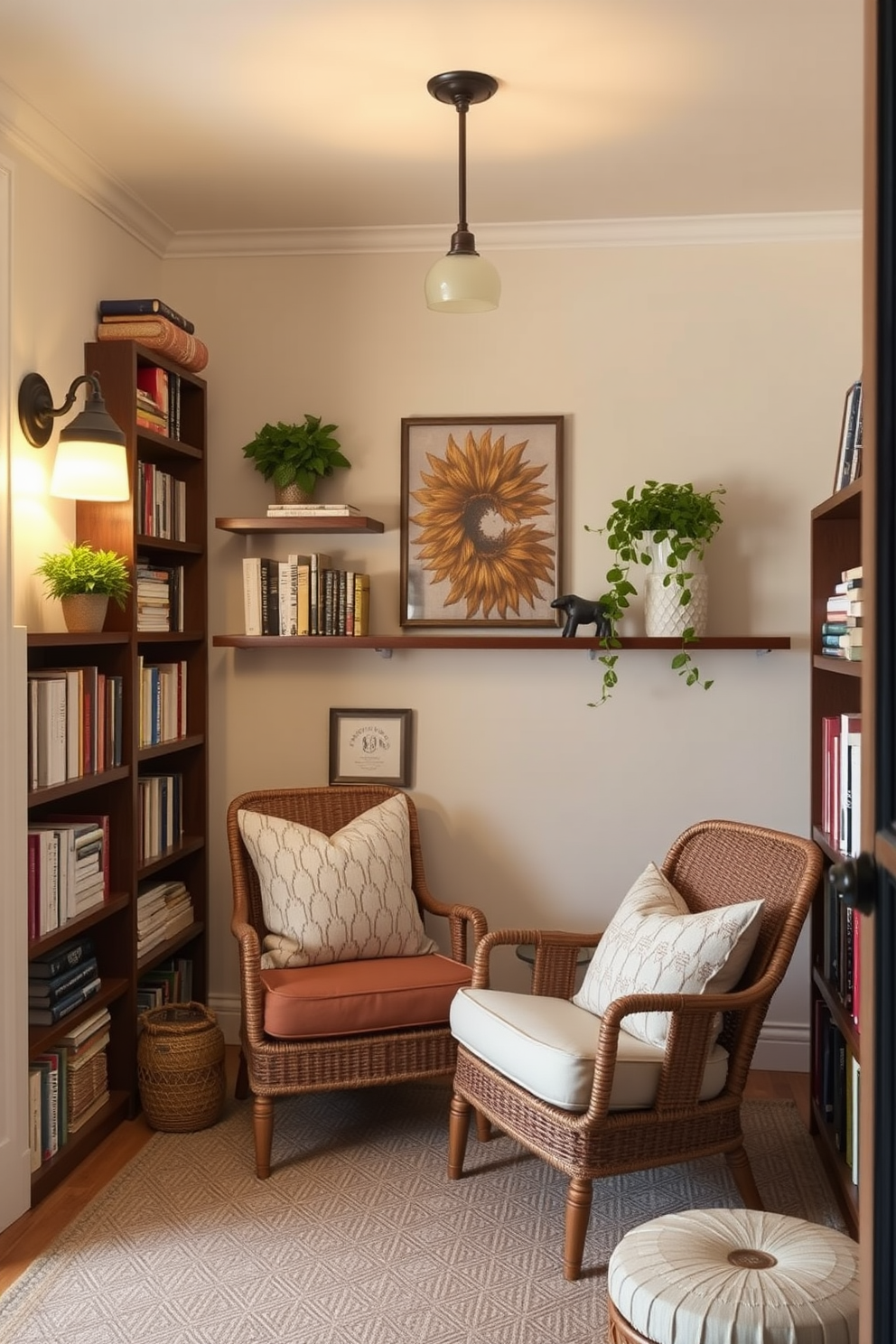 Create a cozy summer reading nook that features wall-mounted reading lights providing a warm and inviting ambiance. Incorporate a comfortable armchair with soft cushions, surrounded by shelves filled with books and decorative items.