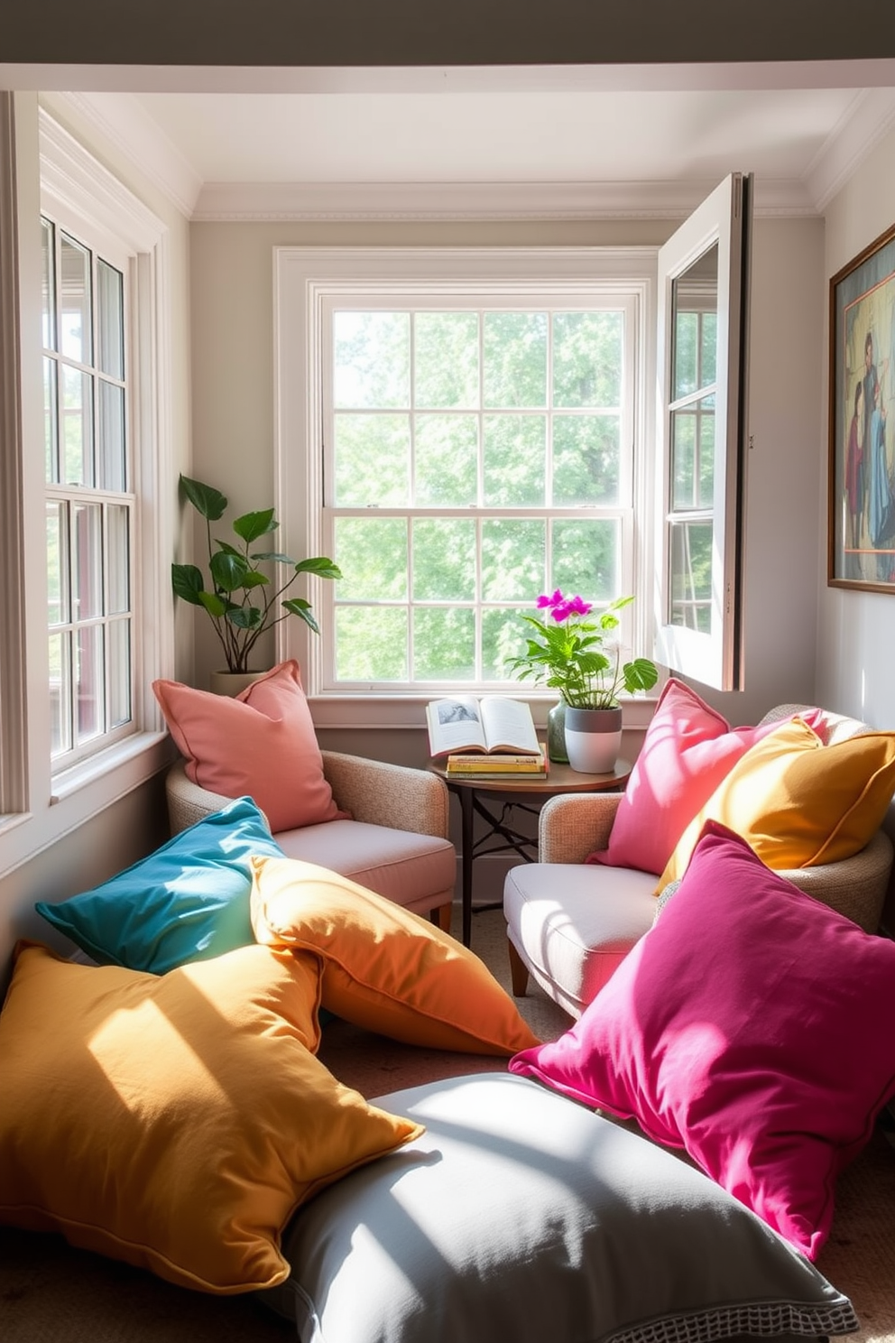 Brightly colored throw pillows are scattered across a cozy reading nook filled with natural light. The nook features a plush armchair and a small side table, creating an inviting space for summer reading.