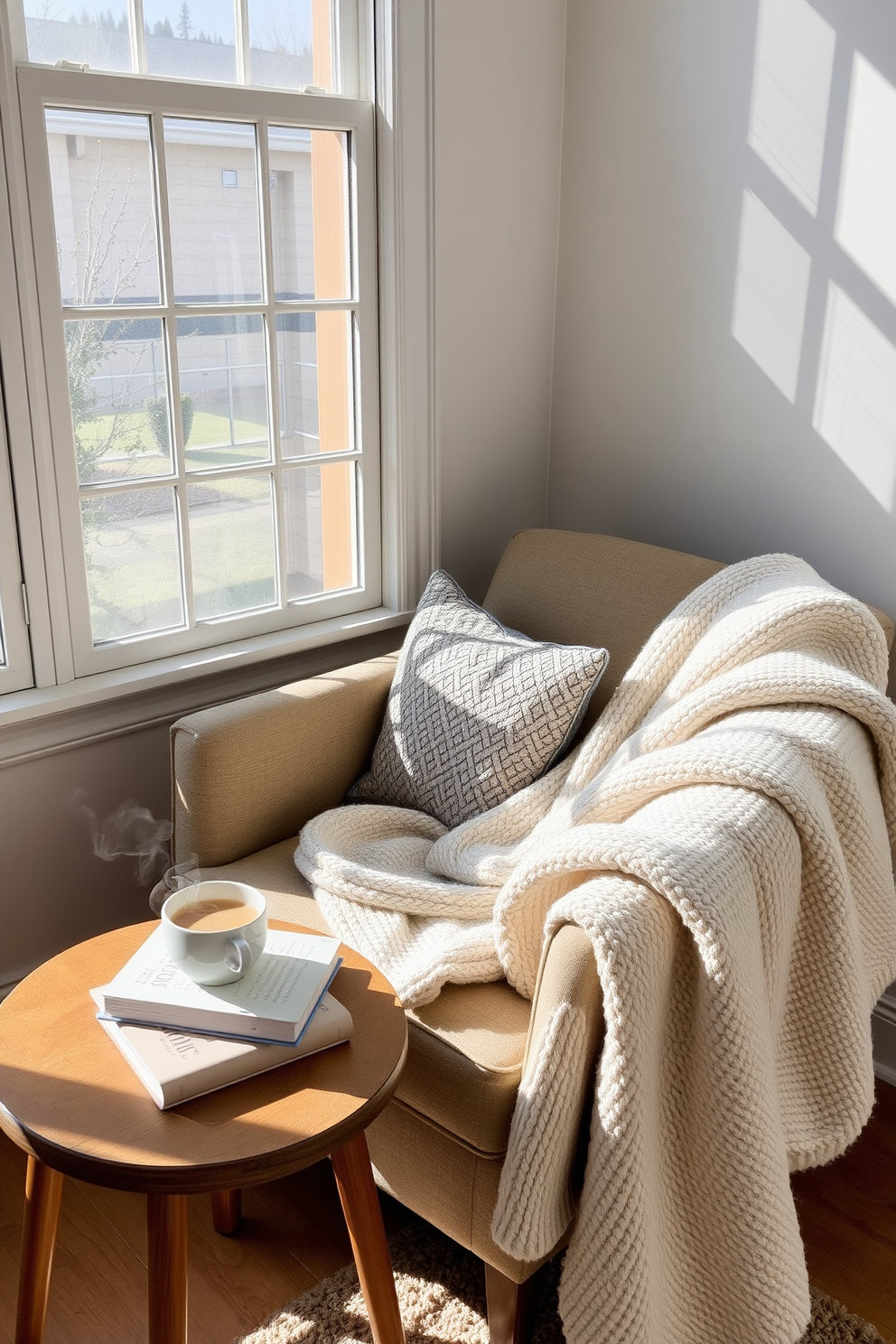 A cozy blanket is draped over a plush armchair in a sunlit corner of the room. The chair is accompanied by a small wooden side table holding a stack of books and a steaming cup of tea. Soft, textured pillows add comfort to the chair, creating an inviting atmosphere for relaxation. A nearby window allows natural light to flood the space, enhancing the cheerful summer vibe.