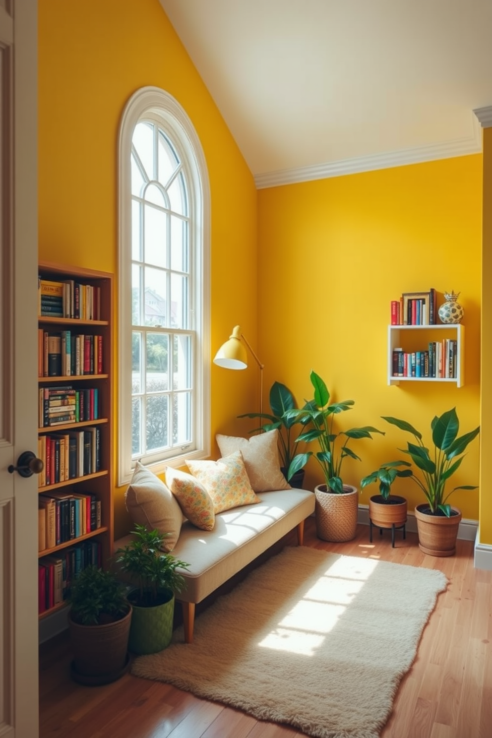 A cozy reading nook bathed in sunshine yellow walls creates a warm and inviting atmosphere. Plush seating with soft cushions is arranged near a large window, allowing natural light to flood the space. A small bookshelf filled with colorful novels sits against one wall, while a whimsical floor lamp adds a touch of charm. A soft area rug underfoot enhances comfort, and a few potted plants bring a refreshing touch of nature indoors.