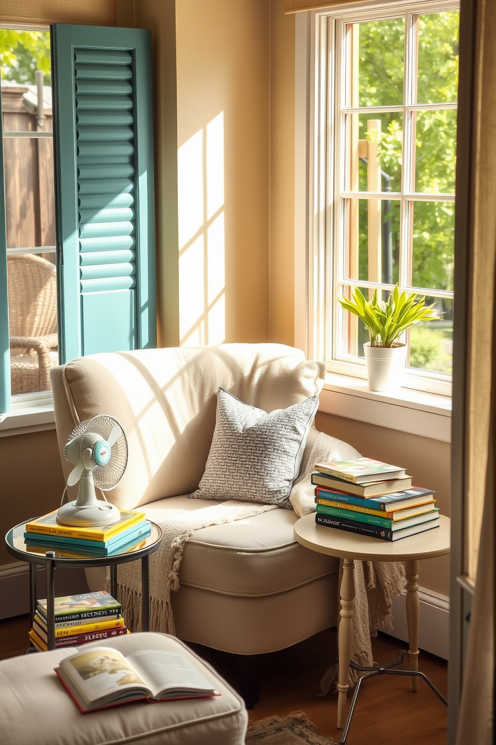 A cozy summer reading nook features a comfortable armchair upholstered in light fabric positioned near a window. A small fan sits on a side table, providing a gentle breeze while a stack of colorful books rests beside it. The nook is adorned with soft throw pillows and a lightweight blanket draped over the armchair. Warm sunlight streams in, highlighting a small potted plant on the windowsill and creating an inviting atmosphere for relaxation.