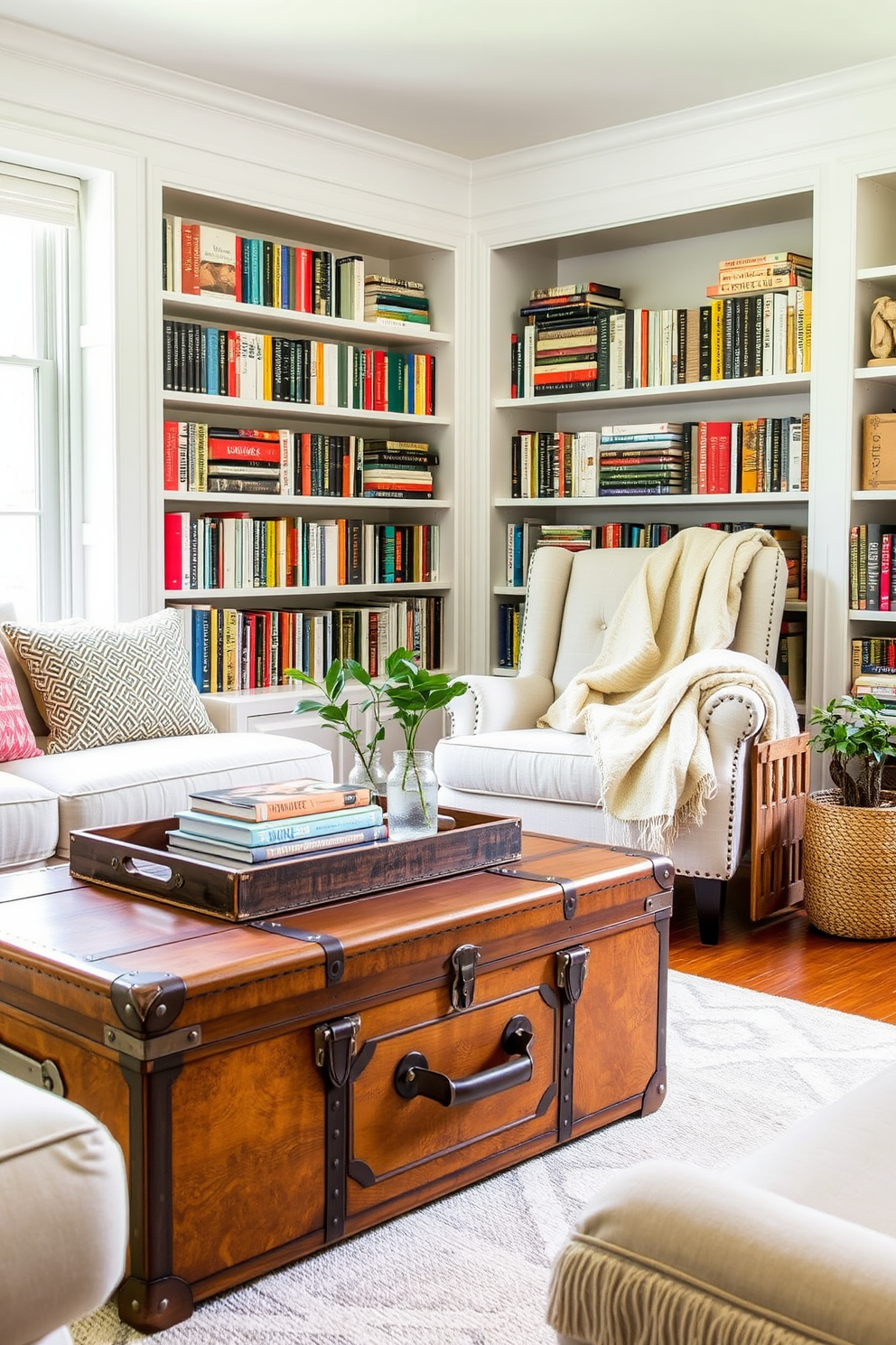 A vintage trunk serves as a unique coffee table, adding character and charm to the living space. It is adorned with a decorative tray holding a stack of books and a small potted plant, creating an inviting focal point. The summer reading nook features a cozy armchair upholstered in soft fabric, positioned near a large window that allows natural light to flood the area. Surrounding the nook are shelves filled with an array of colorful books, complemented by a plush throw blanket draped over the armchair for added comfort.