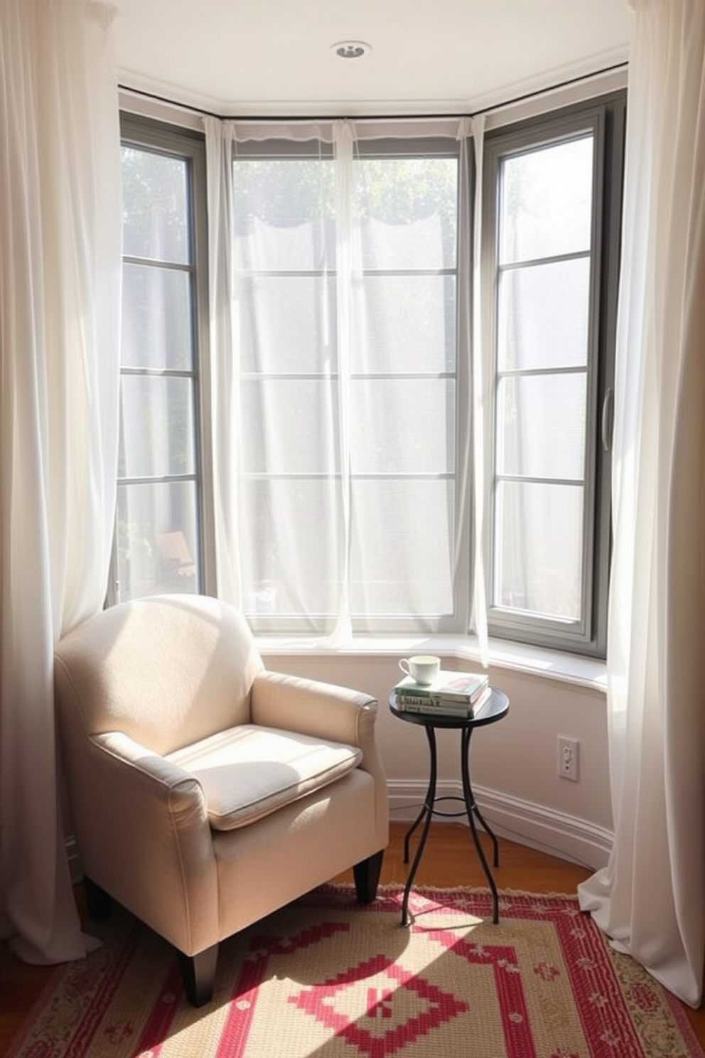 A cozy reading nook by a large window bathed in natural light. The nook features a plush armchair in a soft pastel color, accompanied by a small side table holding a stack of books and a steaming cup of tea. Surrounding the window are sheer white curtains that gently filter the sunlight. A colorful woven rug lies beneath the chair, adding warmth and texture to the space.