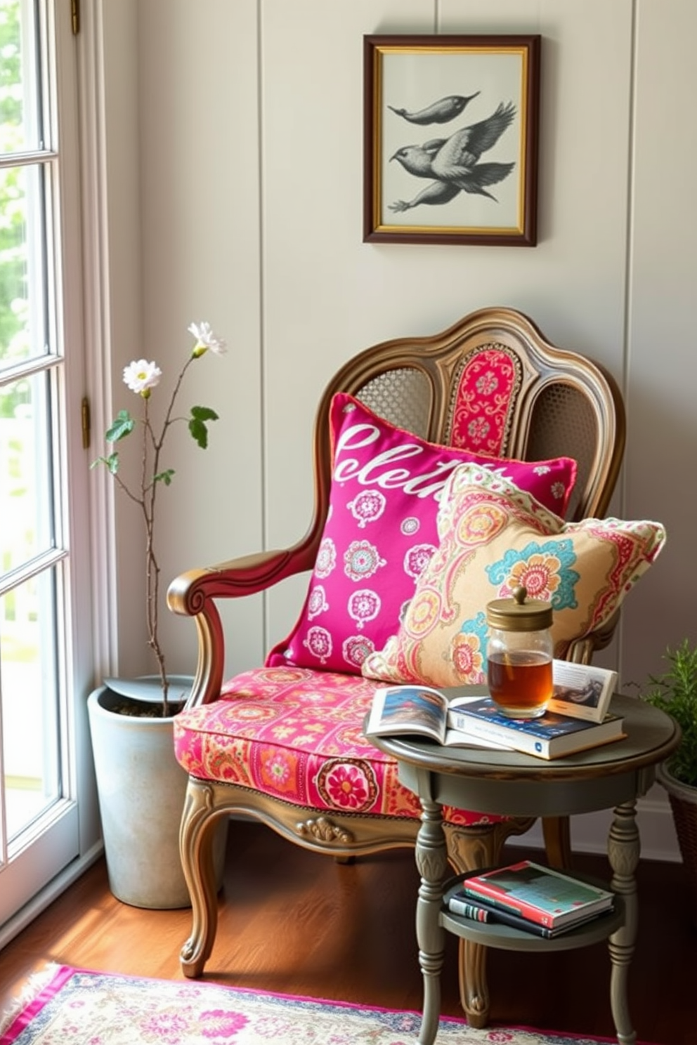 A cozy summer reading nook features a vintage chair adorned with bright cushions in vibrant colors. Soft natural light filters through a nearby window, illuminating a small side table stacked with books and a refreshing drink.