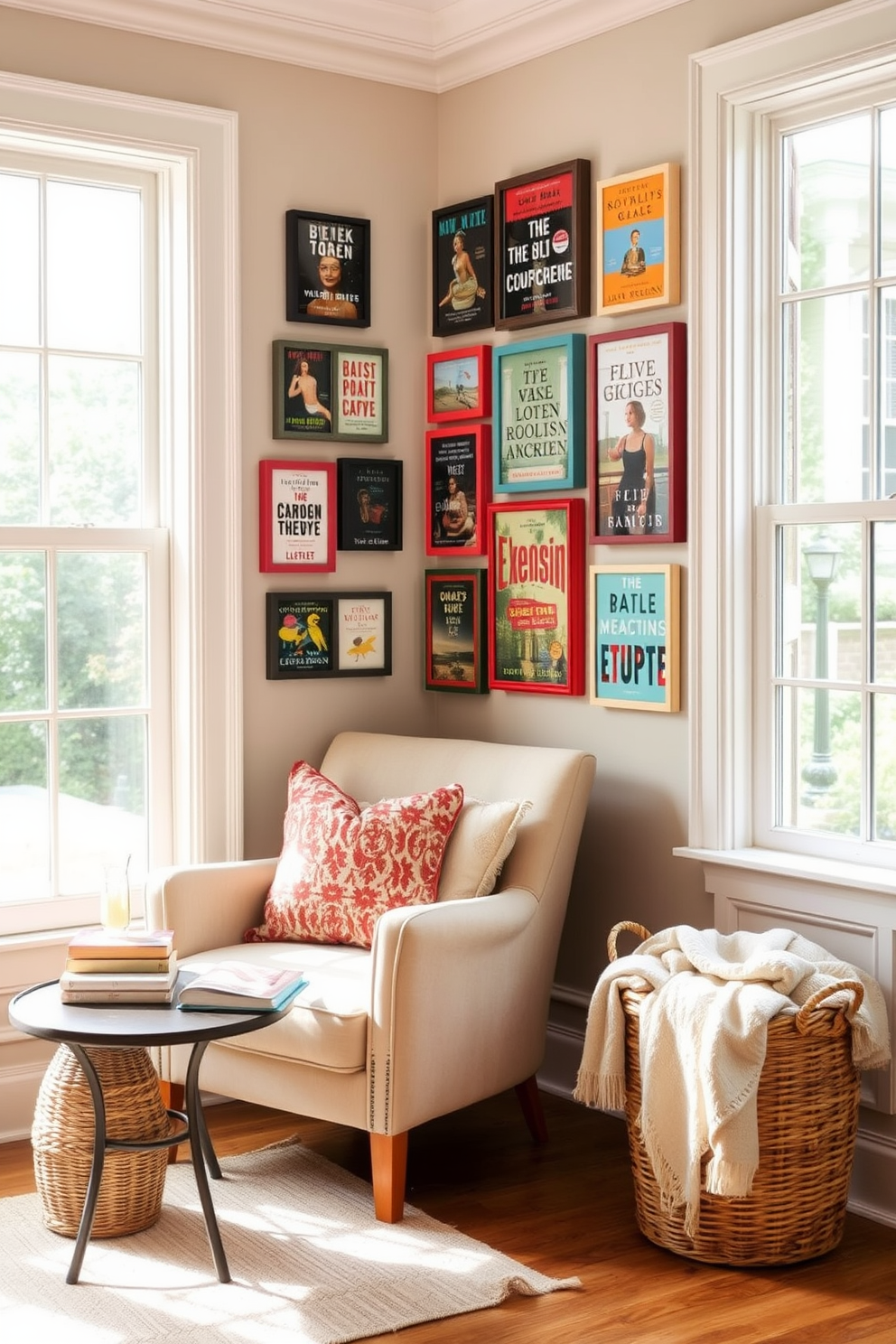 A cozy summer reading nook features a plush armchair in a soft pastel fabric, positioned next to a large window that lets in ample natural light. A small side table holds a stack of favorite books and a refreshing beverage, while a woven basket nearby stores extra blankets for comfort. The gallery wall showcases an eclectic arrangement of favorite book covers framed in various styles, creating a vibrant and personalized display. The colors of the frames complement the warm tones of the room, enhancing the inviting atmosphere of the reading nook.