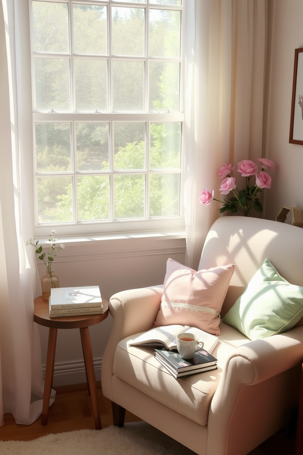 A cozy summer reading nook adorned with soft pastel colors creates a serene atmosphere. Plush cushions in light pink and mint green are scattered on a comfortable armchair positioned next to a large window. A small wooden side table holds a stack of books and a delicate cup of chamomile tea. Sheer curtains gently filter sunlight, casting a warm glow across the space, while a soft area rug invites relaxation.