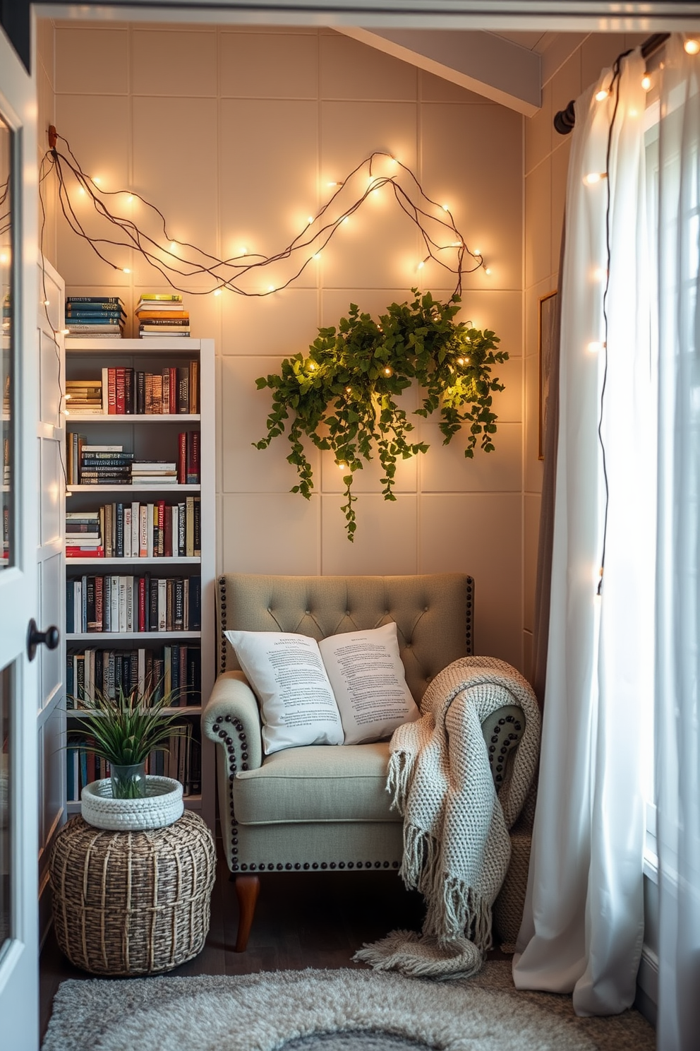 A cozy summer reading nook adorned with charming fairy lights that create a warm evening glow. The nook features a plush armchair nestled in a corner, surrounded by shelves filled with books and a soft throw blanket draped over the side.