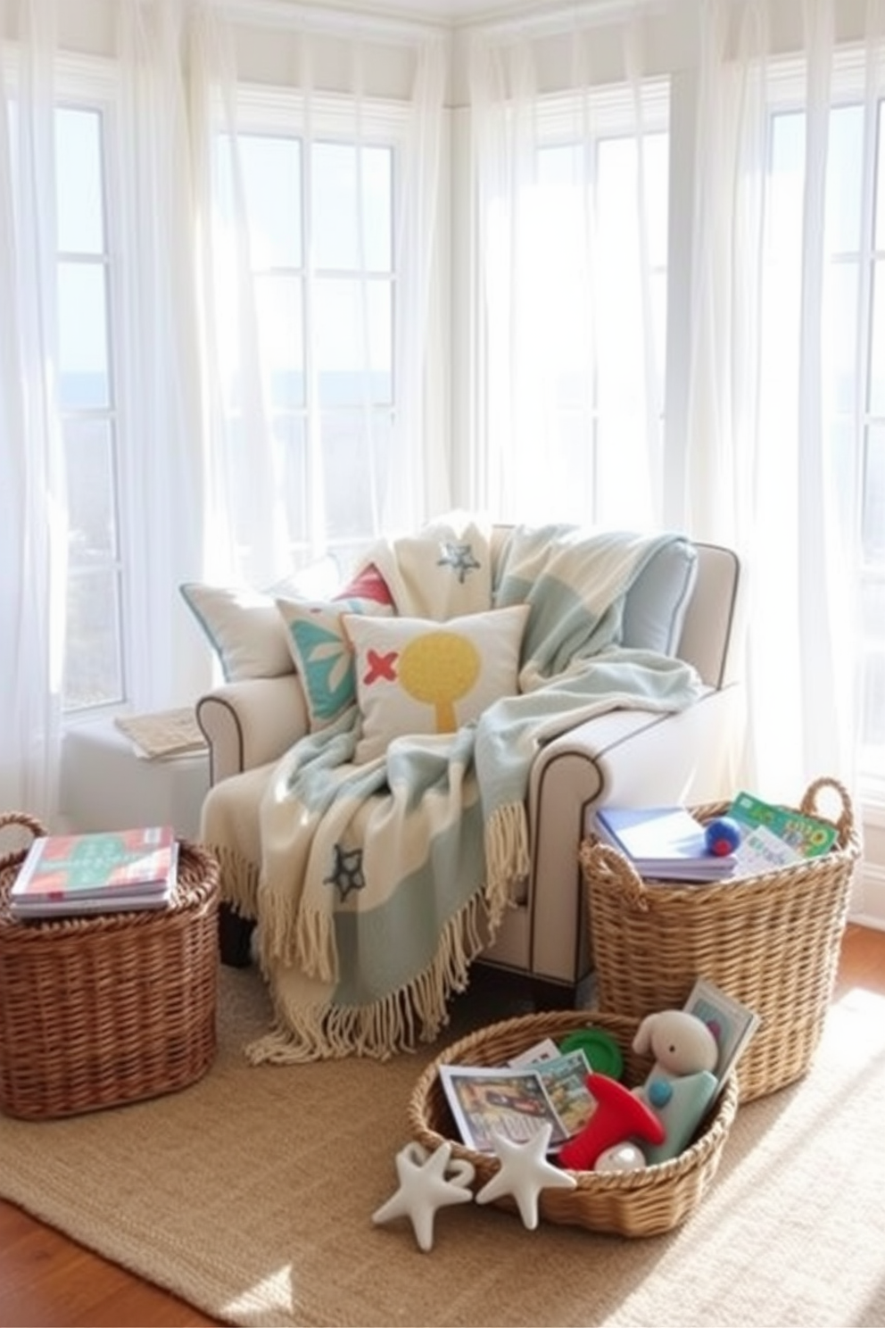 A cozy summer reading nook features beach-themed throw blankets draped over a comfortable armchair. The nook is accented with light blue cushions and a small side table holding a stack of summer novels. Natural light pours in through large windows adorned with sheer white curtains. A woven basket filled with beach toys and magazines sits nearby, adding a playful touch to the serene atmosphere.