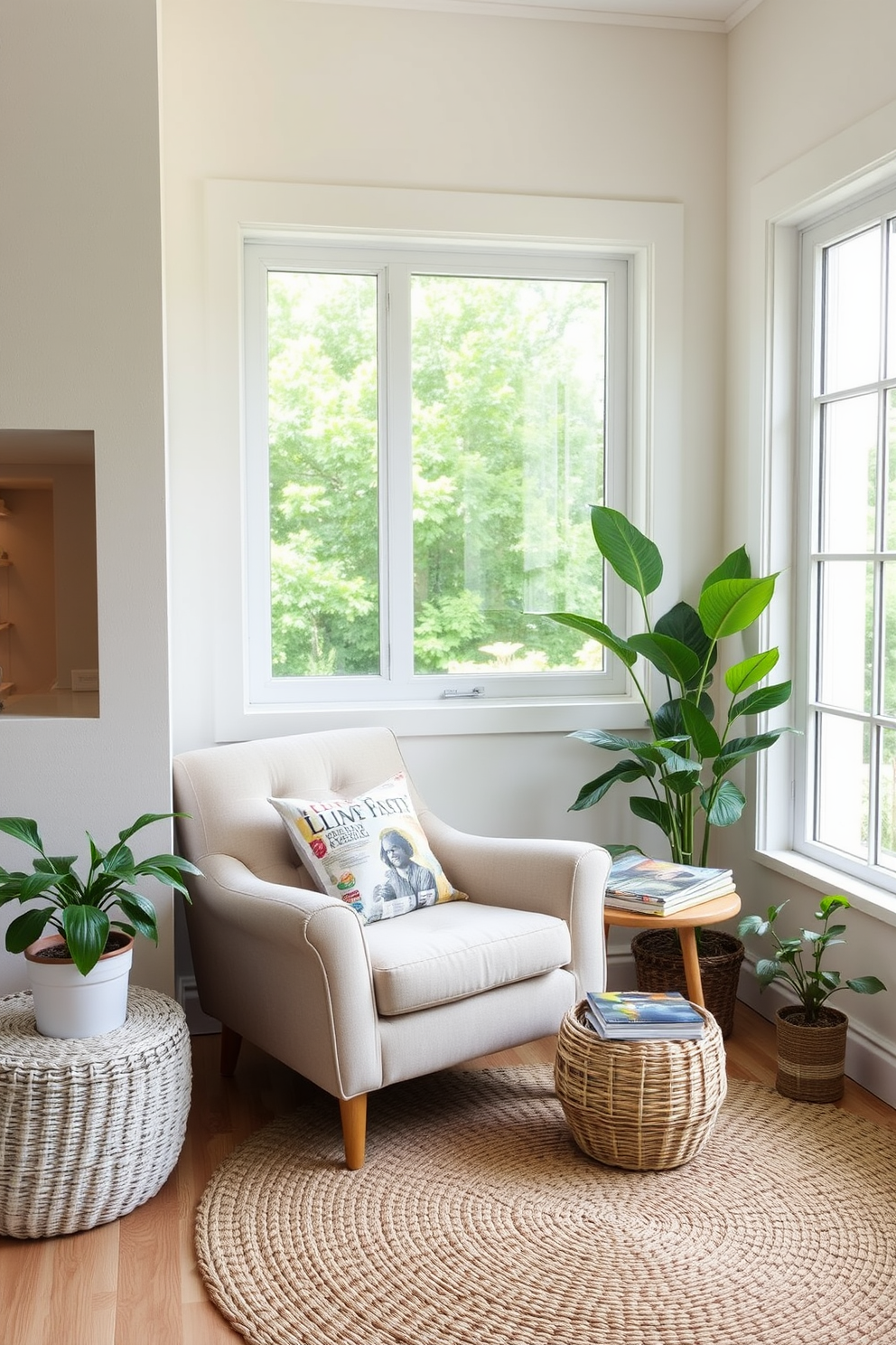 A cozy summer reading nook features a plush armchair in a light fabric, positioned next to a large window that lets in ample natural light. A small side table holds a stack of colorful magazines, inviting casual reading and relaxation. The walls are painted in a soft pastel hue, creating a serene atmosphere, while a woven rug adds texture to the space. Potted plants are placed nearby, enhancing the fresh and inviting feel of the nook.