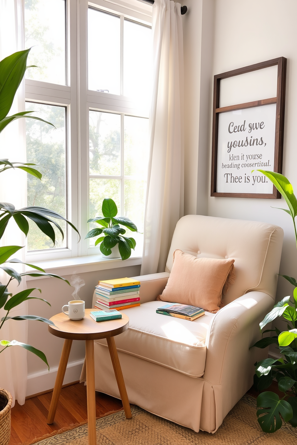 A cozy summer reading nook features a comfortable oversized armchair upholstered in soft pastel fabric. A small wooden side table holds a stack of colorful books and a steaming cup of tea, while a cute sign with inspirational reading quotes hangs on the wall nearby. Natural light pours in through a large window adorned with light, airy curtains. The nook is surrounded by lush indoor plants, creating a serene and inviting atmosphere perfect for summer reading.